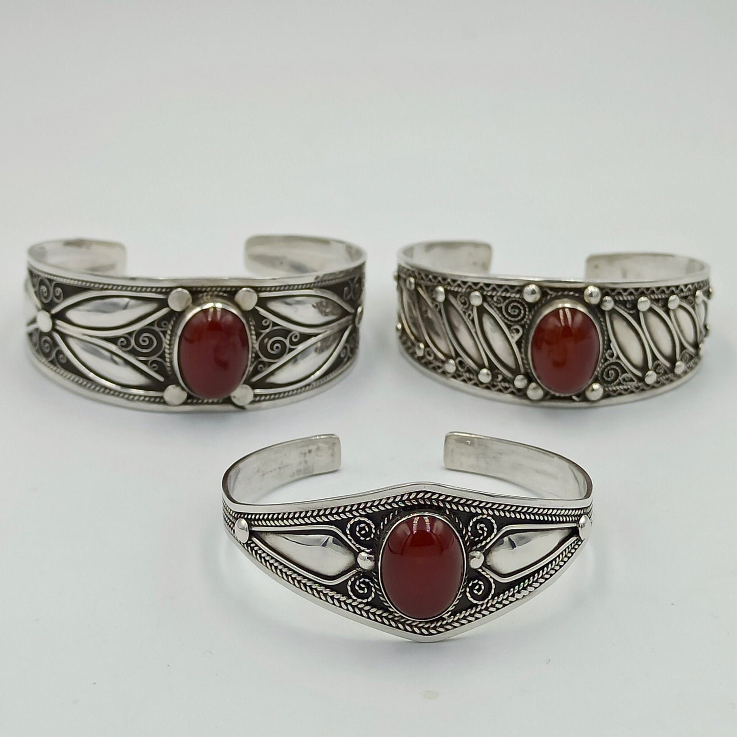 Women'S 925 Sterling Silver Handcrafted Adjustable Bracelet, Open Cuff Berber Engrave Design Boho Bangle with a Brown Bead