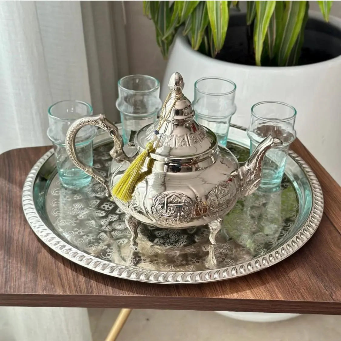 Moroccan Tea Set – Engraved Nickel Teapot with Traditional Glasses Tray | Handmade Mint Tea Set | Moroccan Home Decor & Gift
