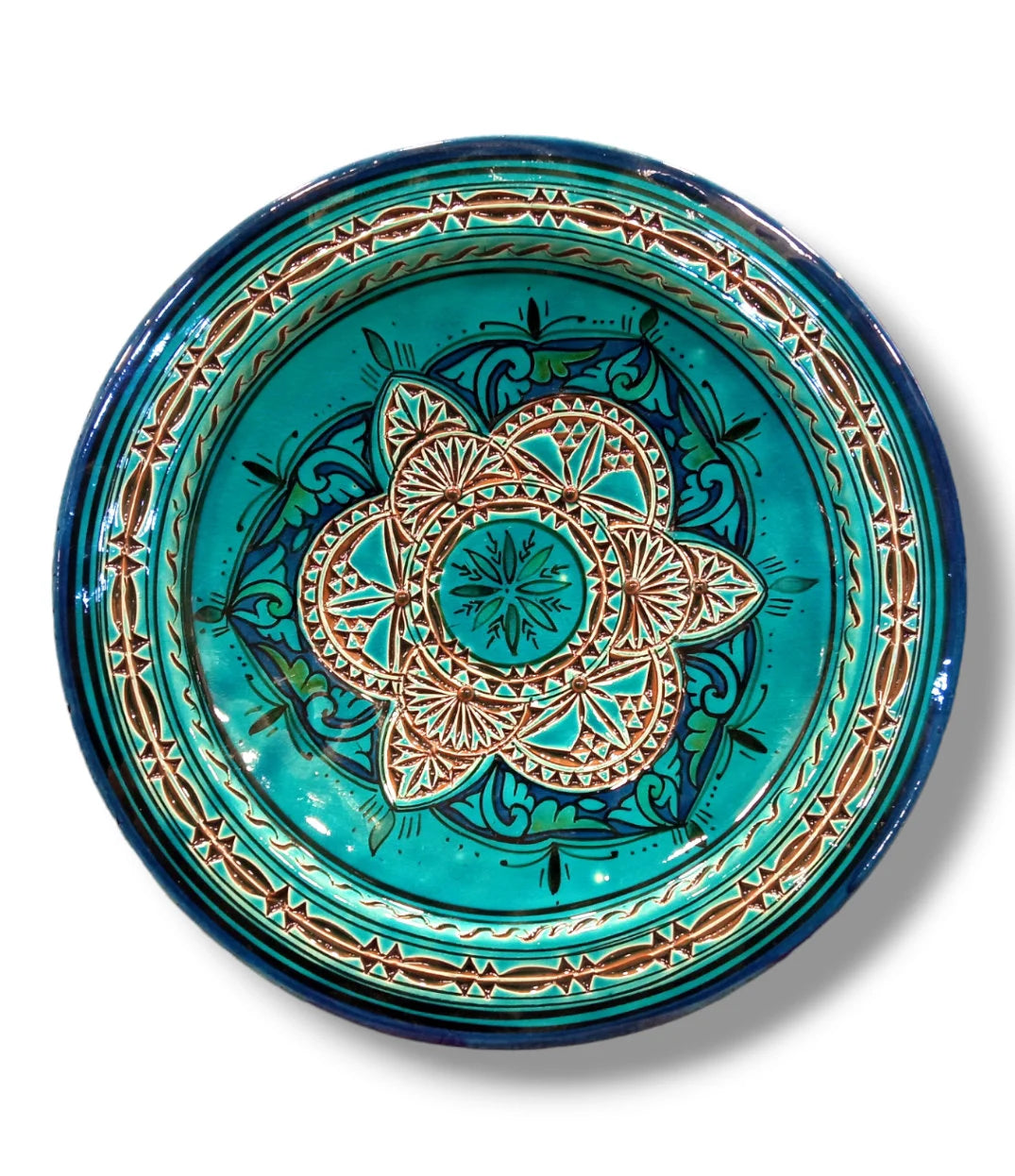 Moroccan Hand-Carved Pottery Plate: Artisanal 35Cm Serving Dish, Bohemian Decor, Turqoise Plate Home Decor Traditional Plate Dinnerware Dish