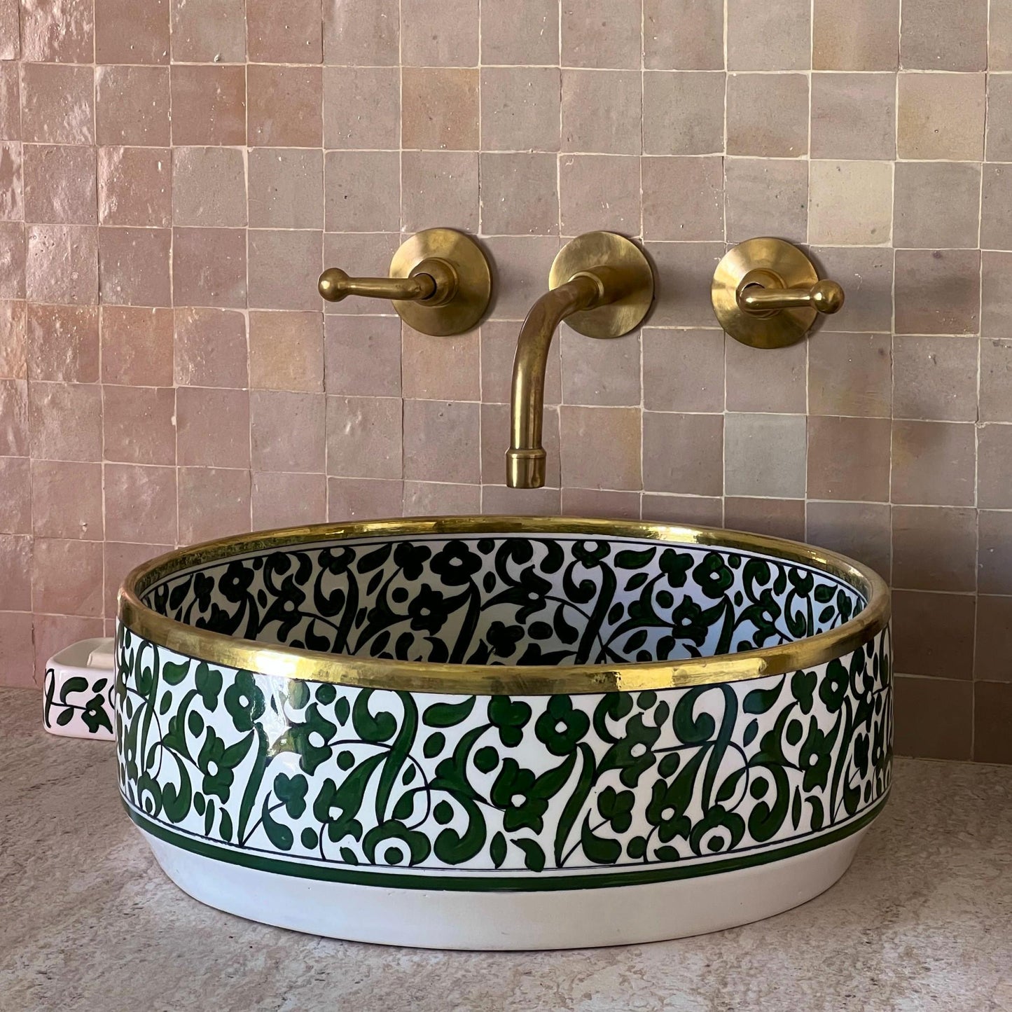 Antique Sink with Brass Rim Edge, Vessel Sink, Sink Bowl, Green Ceramic Basin, Hand Wash Basin, Free Gift INCLUDED
