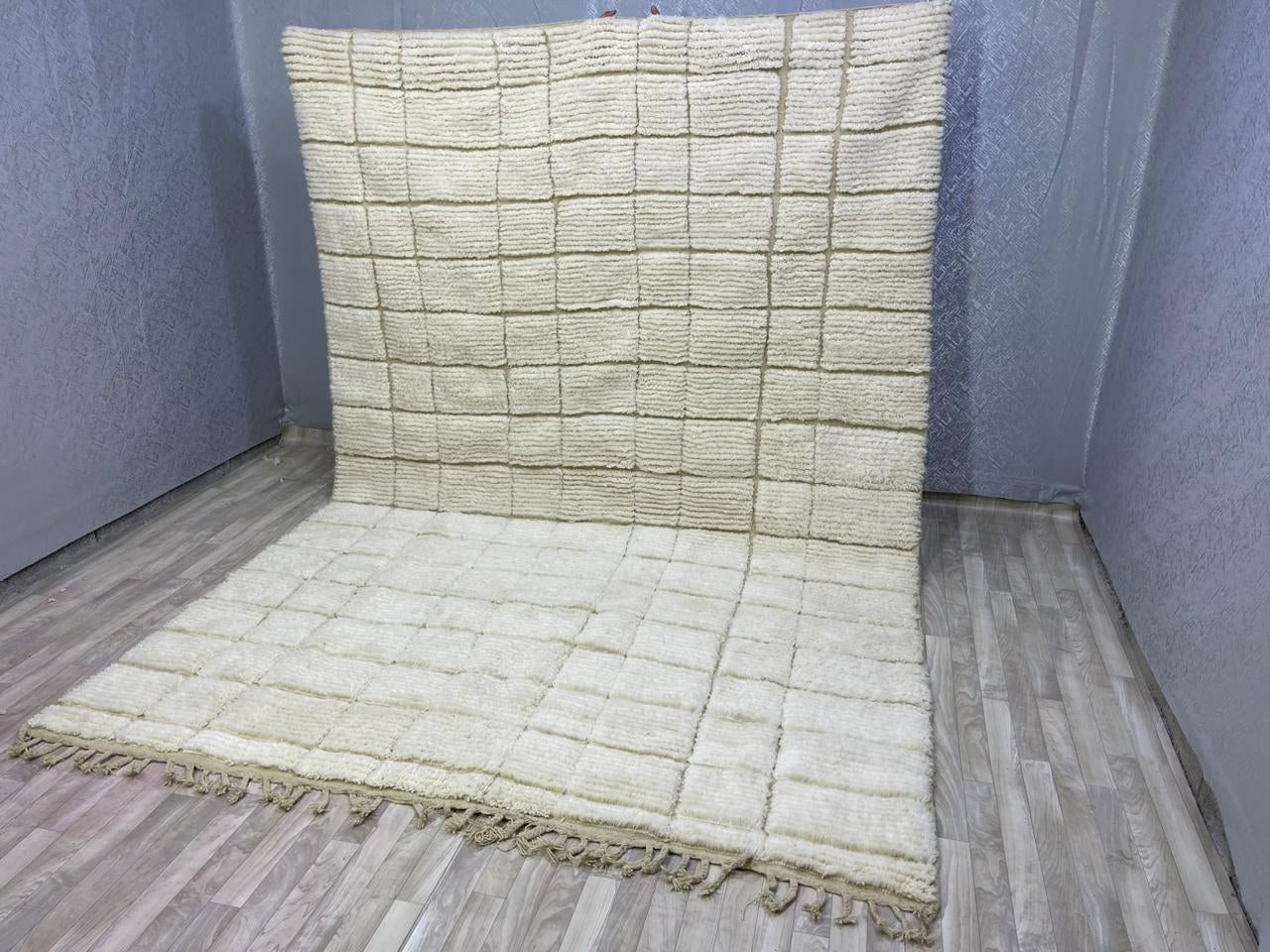 Handwoven Moroccan Rug - Creamy White with Geometric Rectangles | Berber Wool Rug | Moroccan Carpet | Beni Ourain Design | Fully Handmade