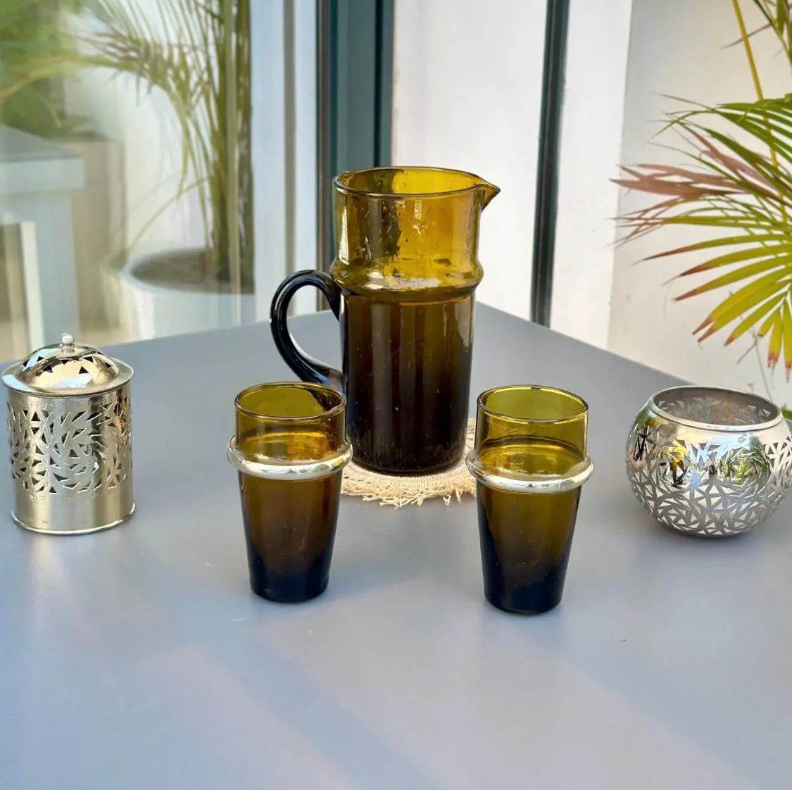 Handblown Moroccan Recycled Glass Pitcher & Cup Set – Amber Green Water Jug Tumblers – Eco-Friendly Glassware – Handmade Drinkware Gift