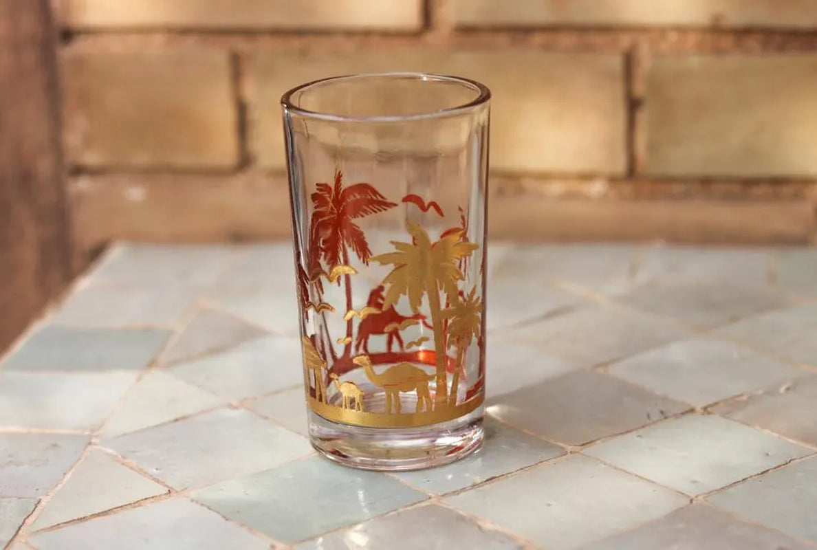 Moroccan Tea Glasses Set of 6 Gold Camel Palm Trees Drinking Glasses Drinkware Chai Glasses Tea Glasses Set Turkish Coffee Tea Glasses