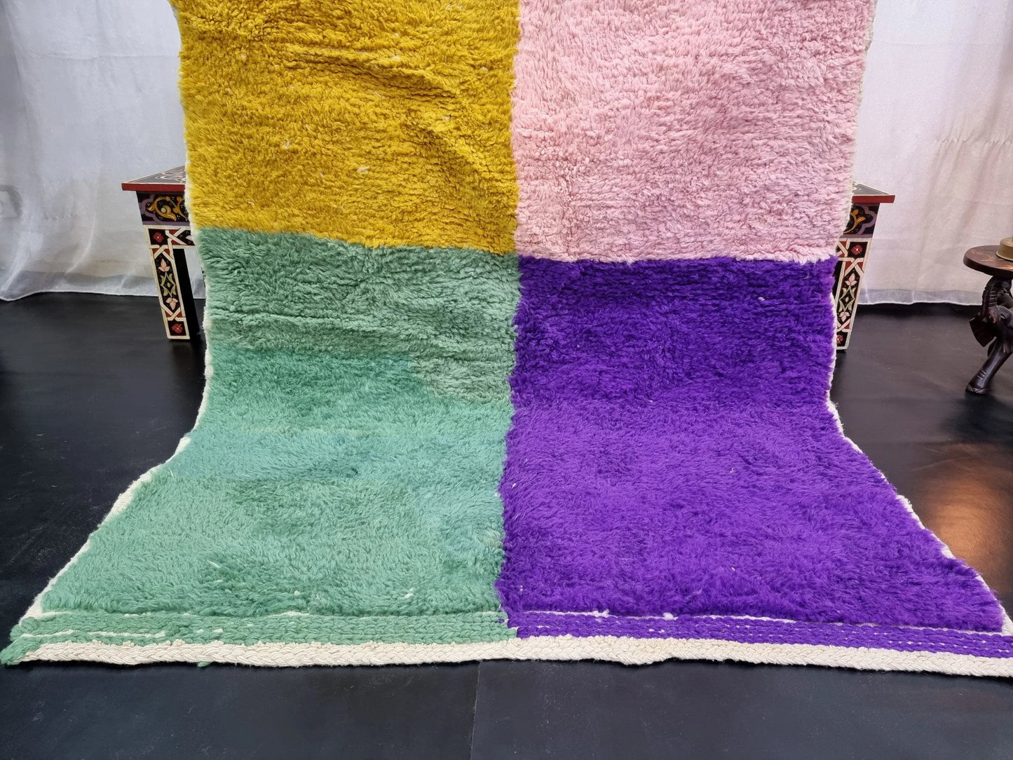 BENI OURAIN RUG 4X5, Multi-Color Moroccan Rug, Tribal Wool Rug, Fluffy Berber Carpet, Geometric & Funky Area Rug, Handmade Pink Boho Rug.