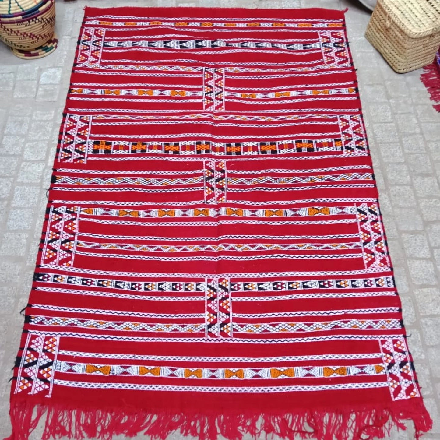 Moroccan Kilim 4×6 Ft. Red Rug, Moroccan Berber Rug, Handmade Natural Wool Rug. Berber Kilim, Authentic Azilal