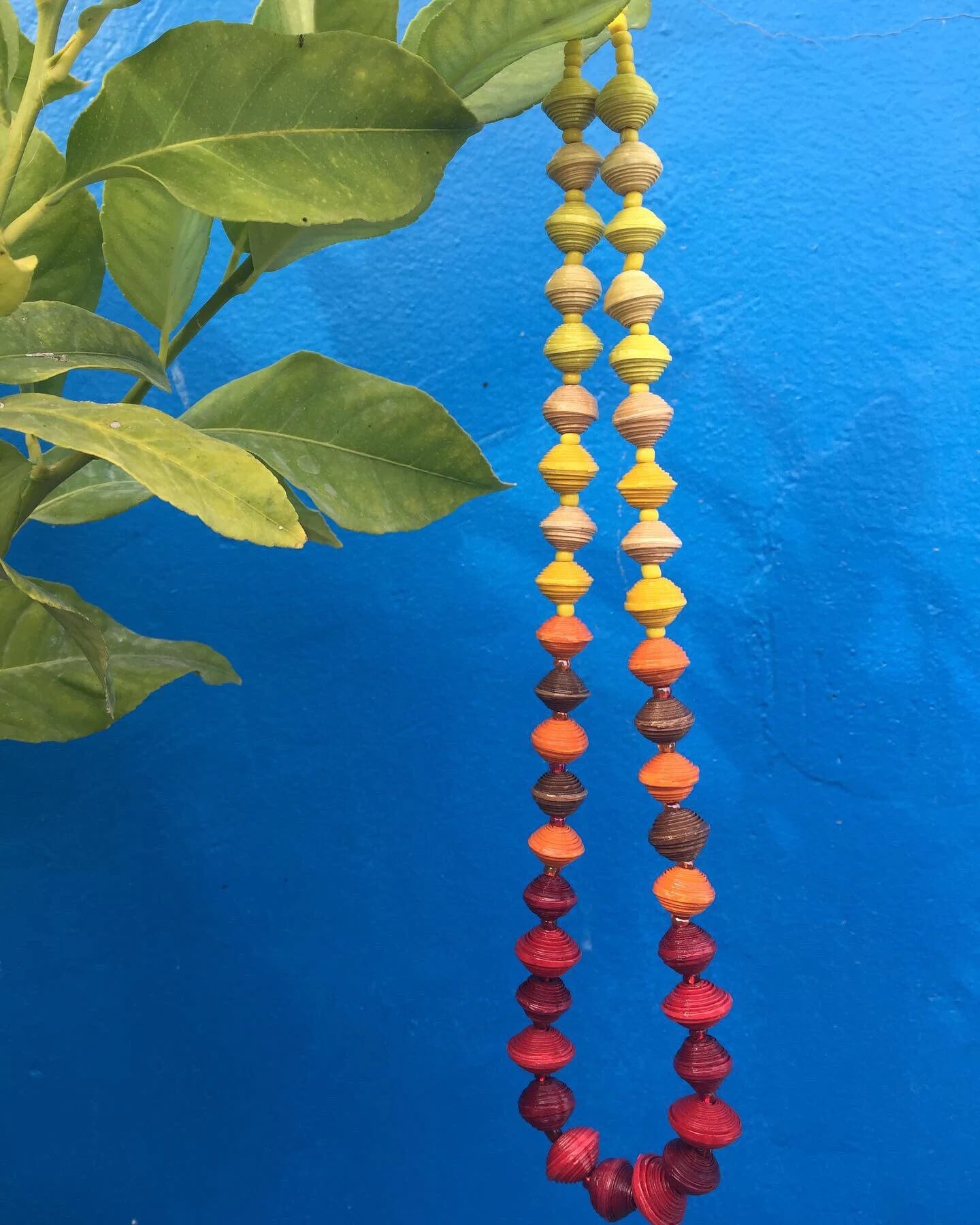 Unique Autumn Colors Paperbead Necklace | Red Yellow Orange Brown | Handmade Beaded Necklace from Morocco | Sustainable Gift for Women