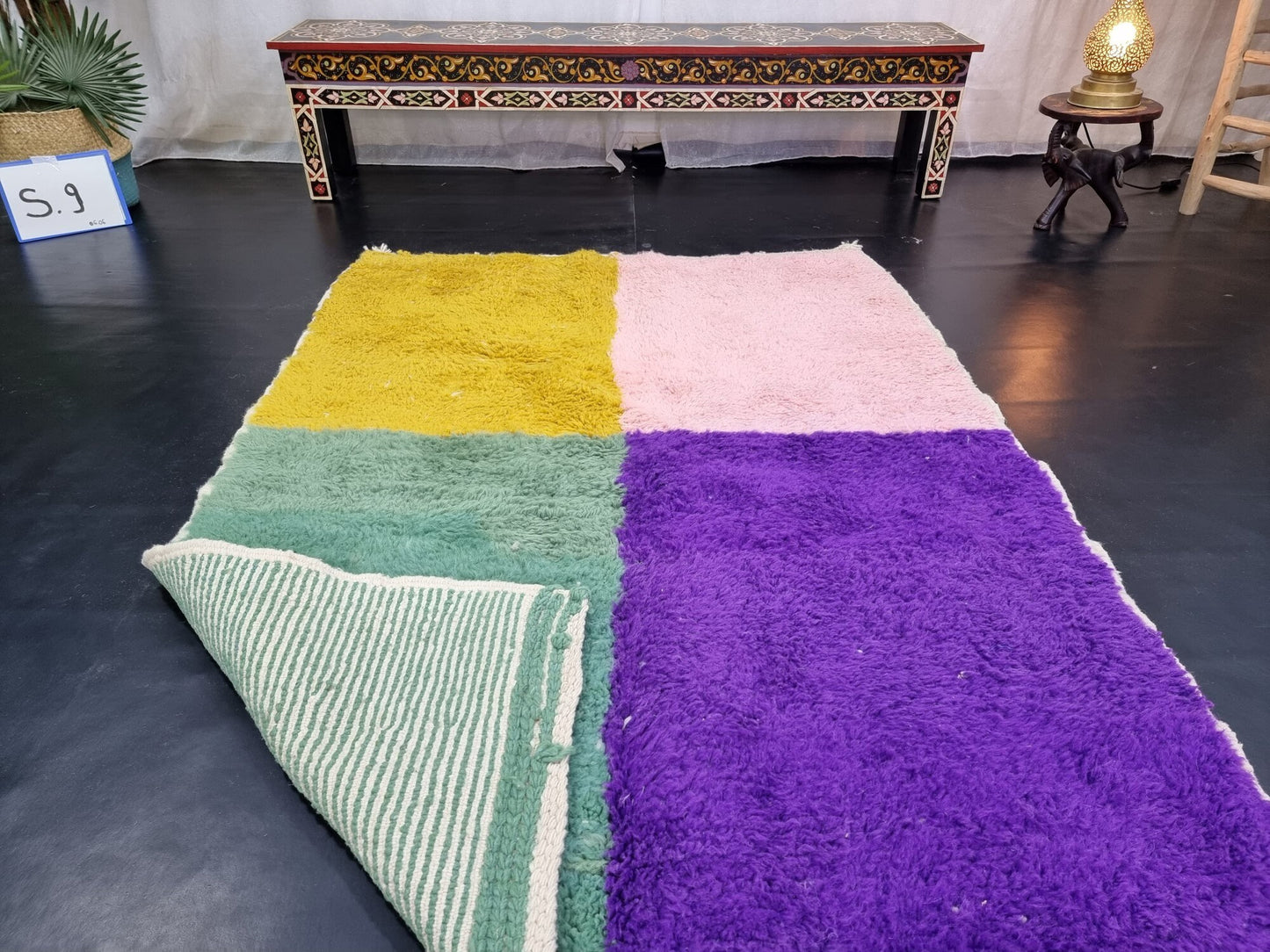 BENI OURAIN RUG 4X5, Multi-Color Moroccan Rug, Tribal Wool Rug, Fluffy Berber Carpet, Geometric & Funky Area Rug, Handmade Pink Boho Rug.