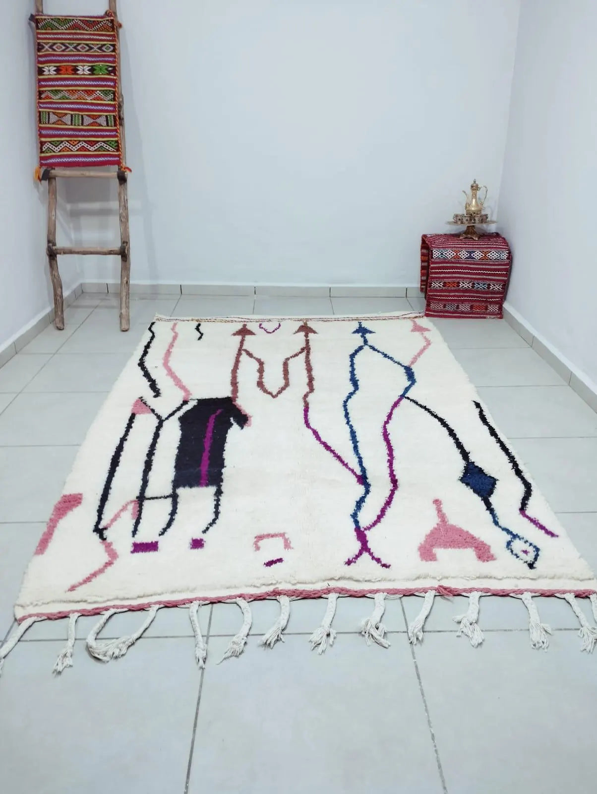 Handwoven White Abstract Rug | Moroccan Wool Carpet | Colorful Patterns & Berber Art Design | Moroccan Rug