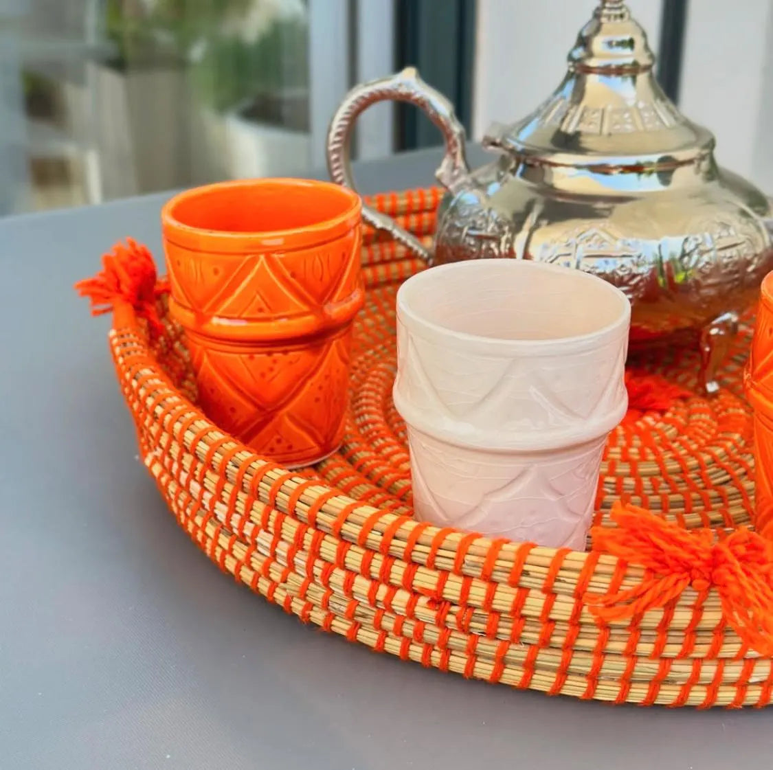 Handcrafted Moroccan Tea Set – Engraved Nickel Teapot with Amber Glasses & Woven Serving Tray Handcrafted Moroccan Royal Teapot