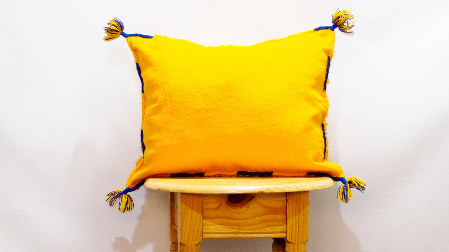 Yellow Wedding Blanket Pillow | Handira Blanket Cushion Cover Wool Pillow Cover with Sequins