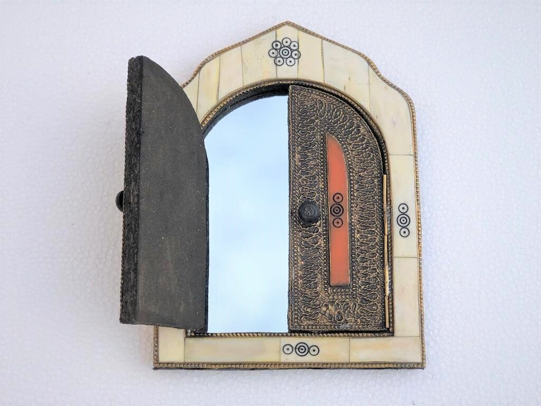 Small Handmade Moroccan Bone Mirror with Small Decorative Doors - Warm-Toned Frame