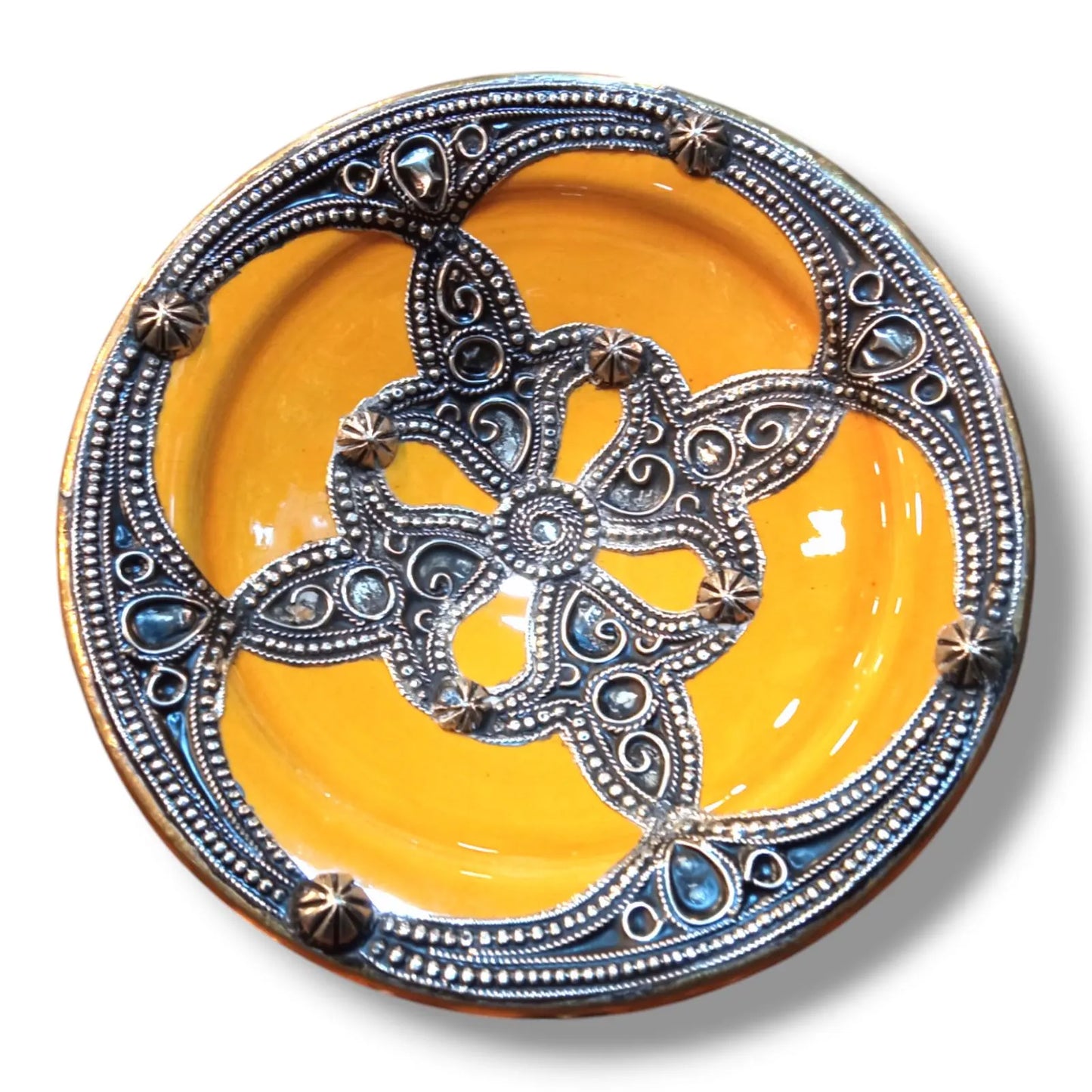 Moroccan Wall Hanging Plate 21Cm - Handcrafted Ceramic with Metal Design Housewarming Gift, Moroccan Style Wall Art, Unique Moroccan Plate