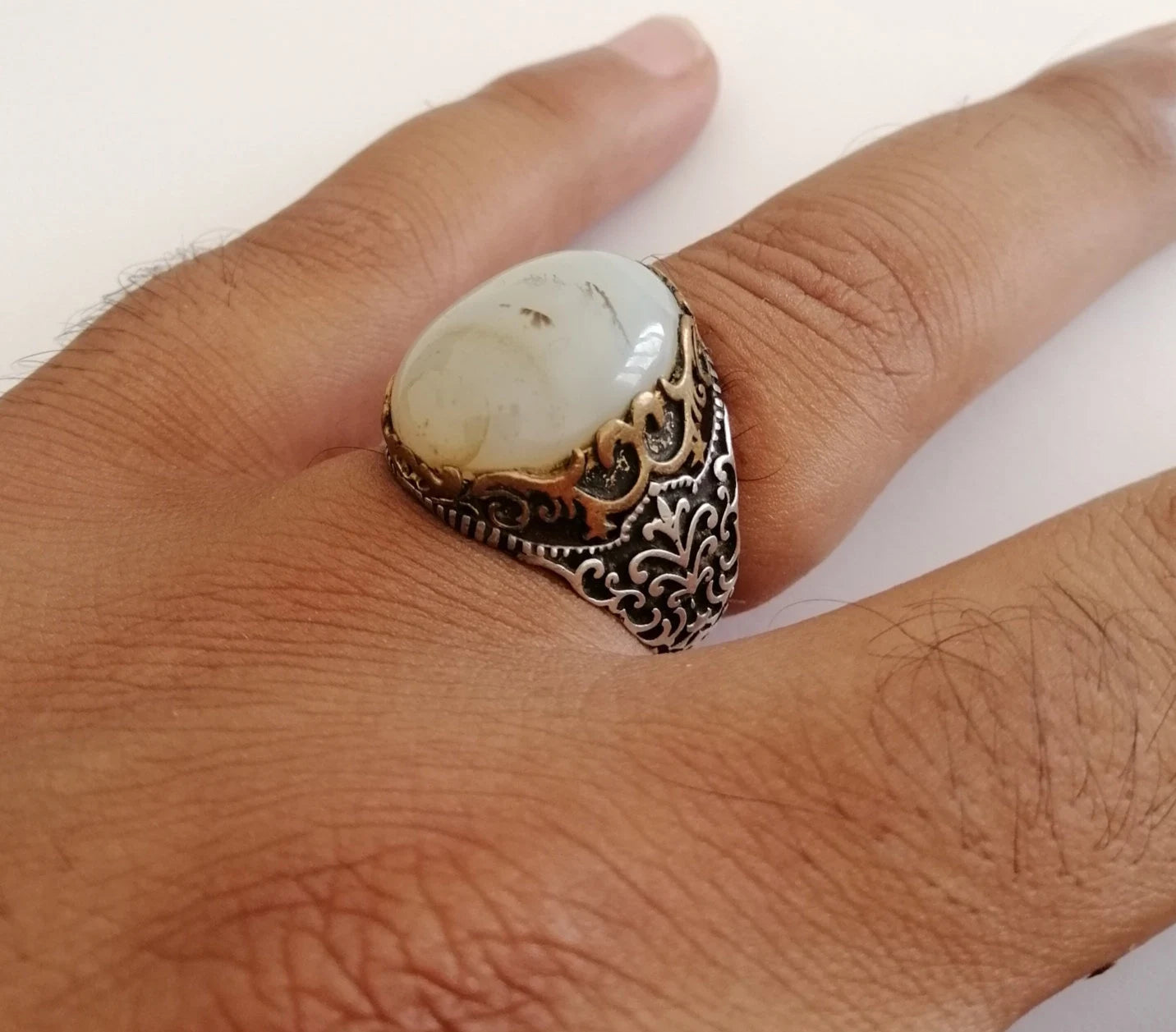 Milky Quartz and Sterling Silver Signet Ring.