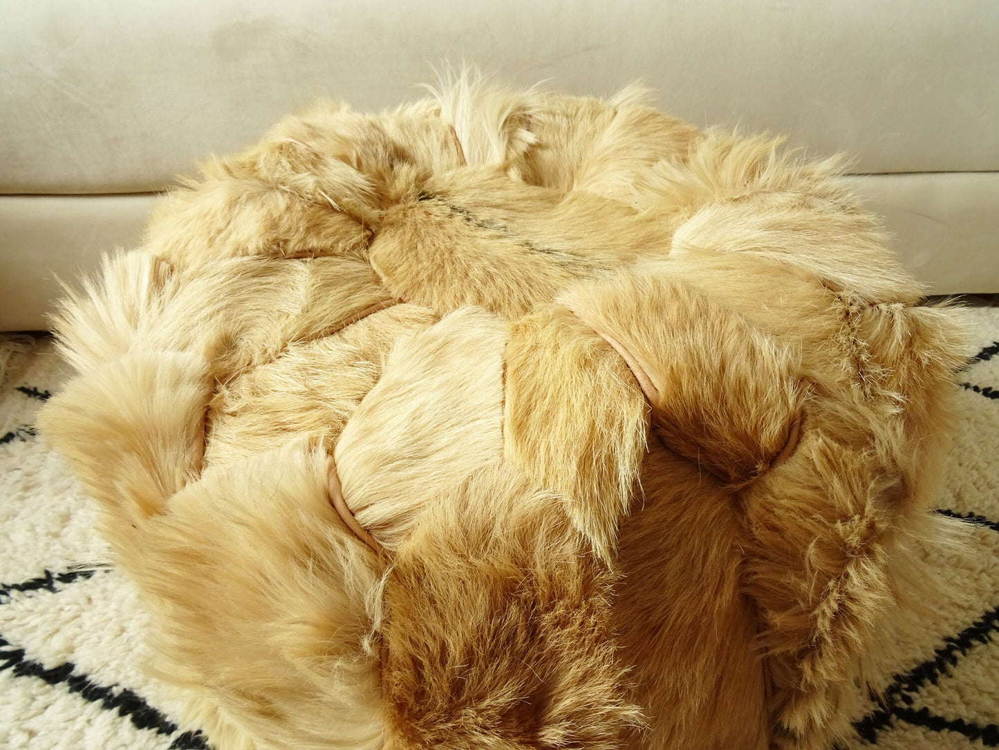 Natural Goat Fur Pouf - 100% Genuine Real Handme Genuine Leather - Ottoman Footstool Hassock