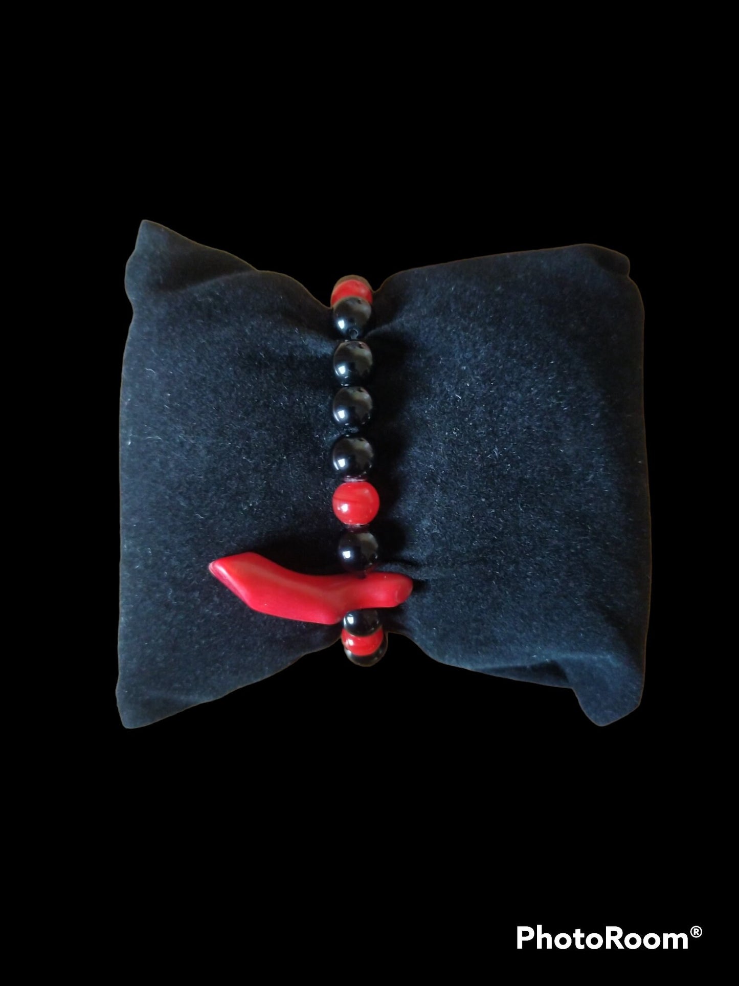 Beautiful Bracelet, Handmade, Black Agate round Beads, Coral Pendant, Gift Idea, for Here.