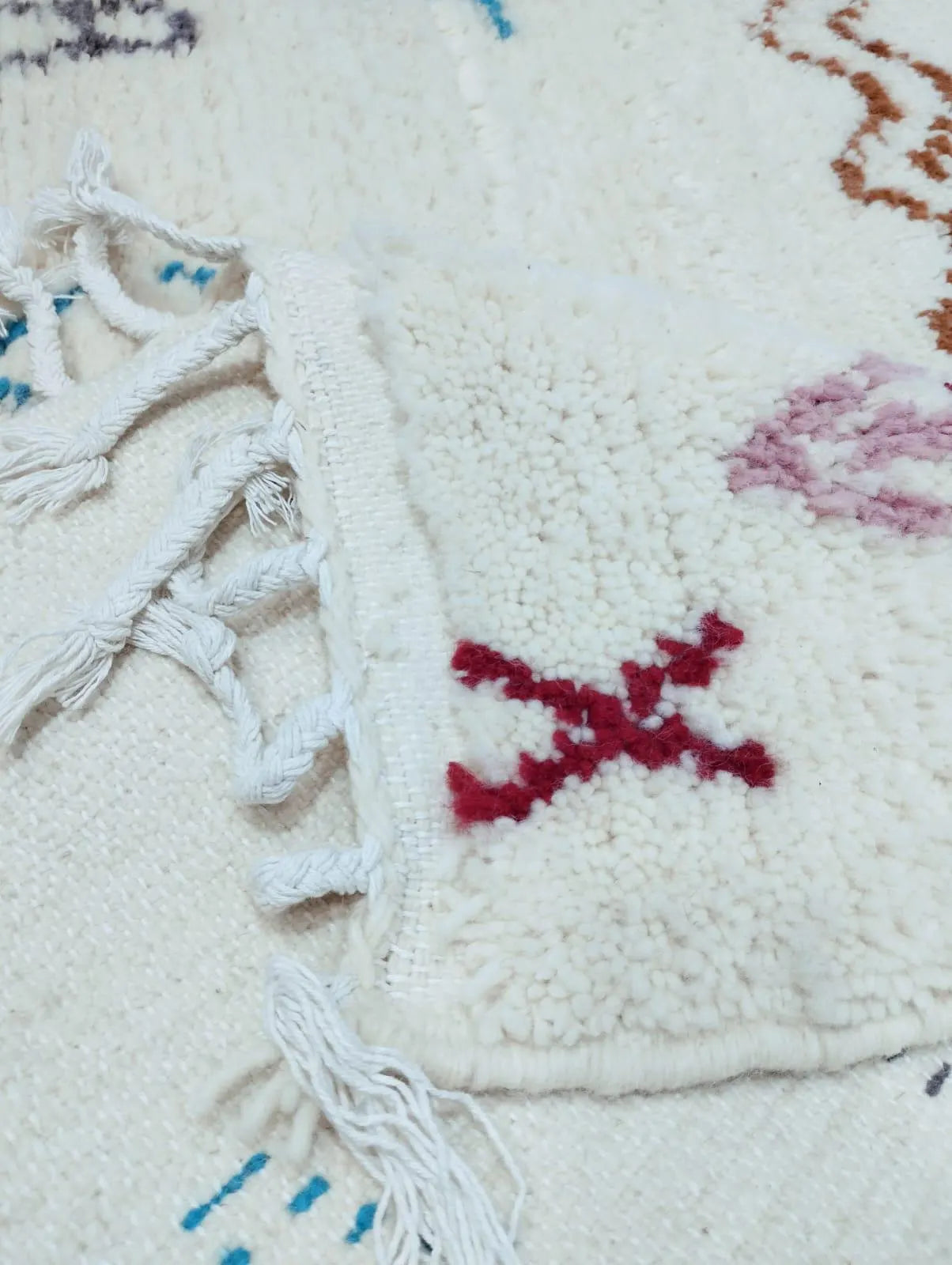 White Abstract Rug | Moroccan Wool Carpet | Handwoven with Vibrant Colorful Motifs | Berber Art Design