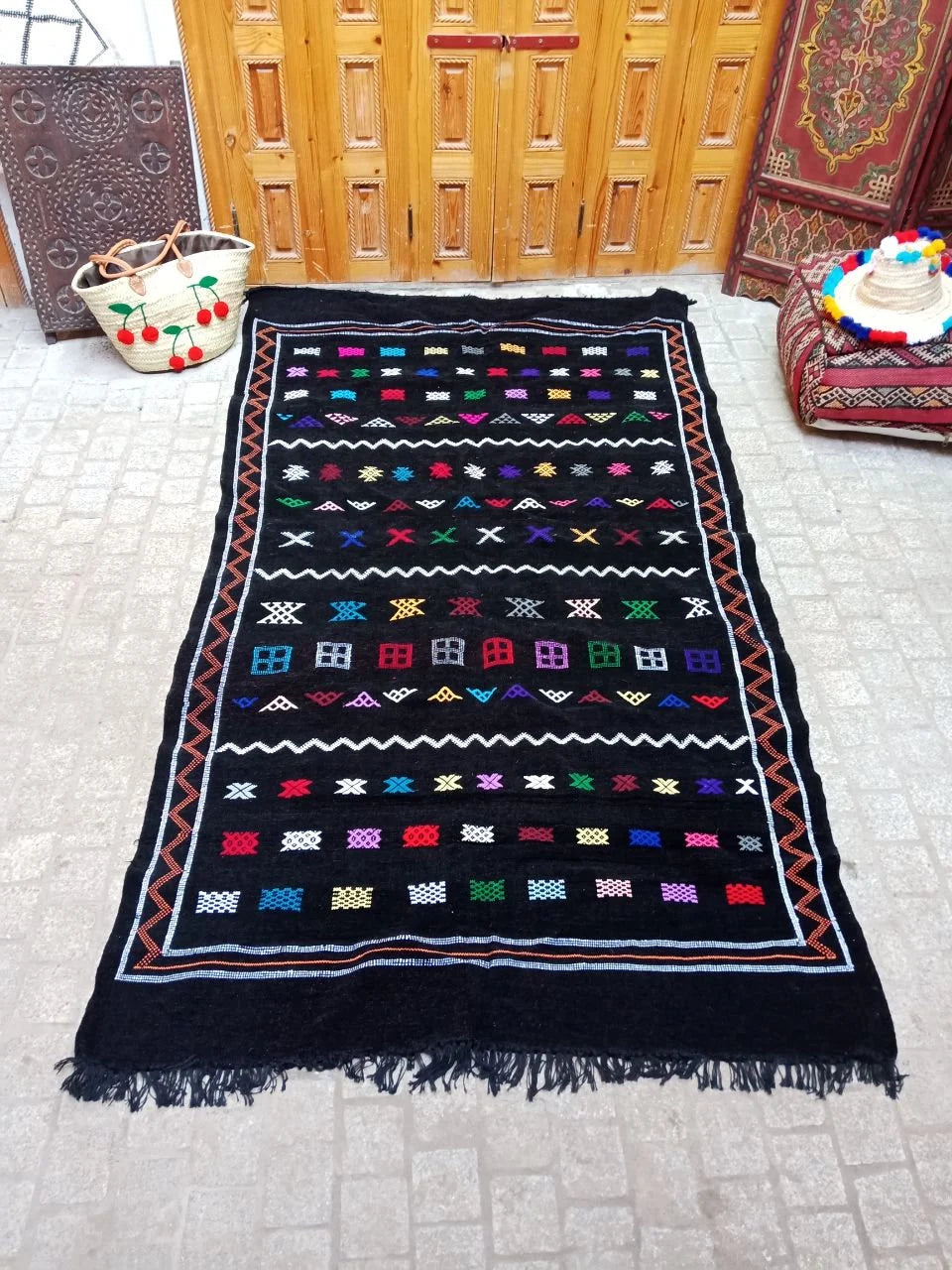 Moroccan Berber Rug . Moroccan Black Kilim Handmade Wool Rug Authentic Azilal Area Carpet