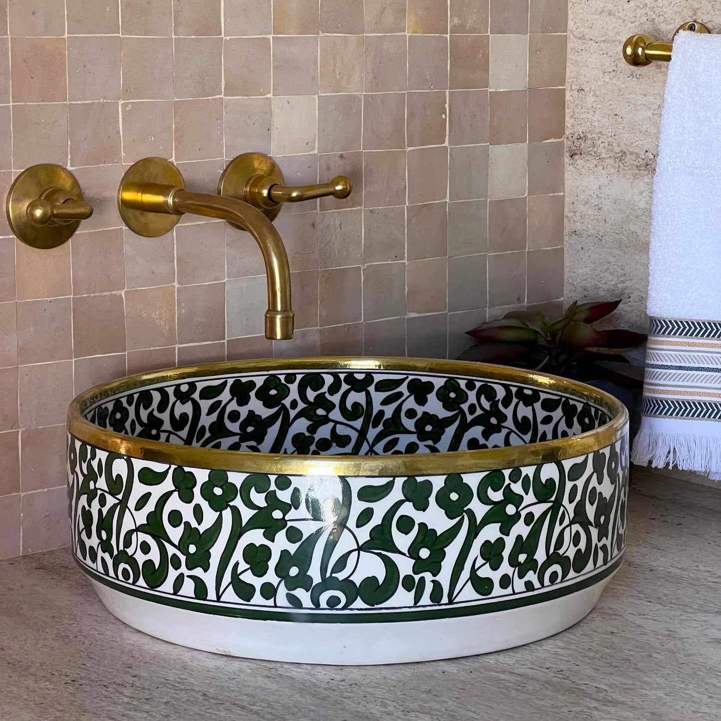Antique Sink with Brass Rim Edge, Vessel Sink, Sink Bowl, Green Ceramic Basin, Hand Wash Basin, Free Gift INCLUDED