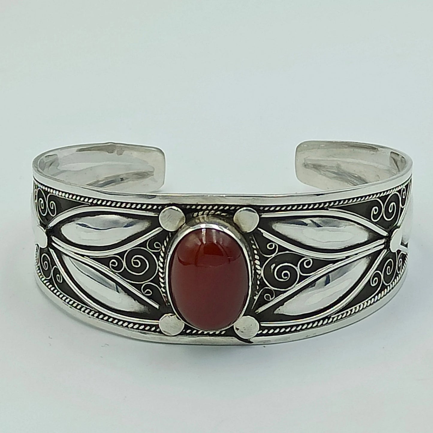 Women'S 925 Sterling Silver Handcrafted Adjustable Bracelet, Open Cuff Berber Engrave Design Boho Bangle with a Brown Bead