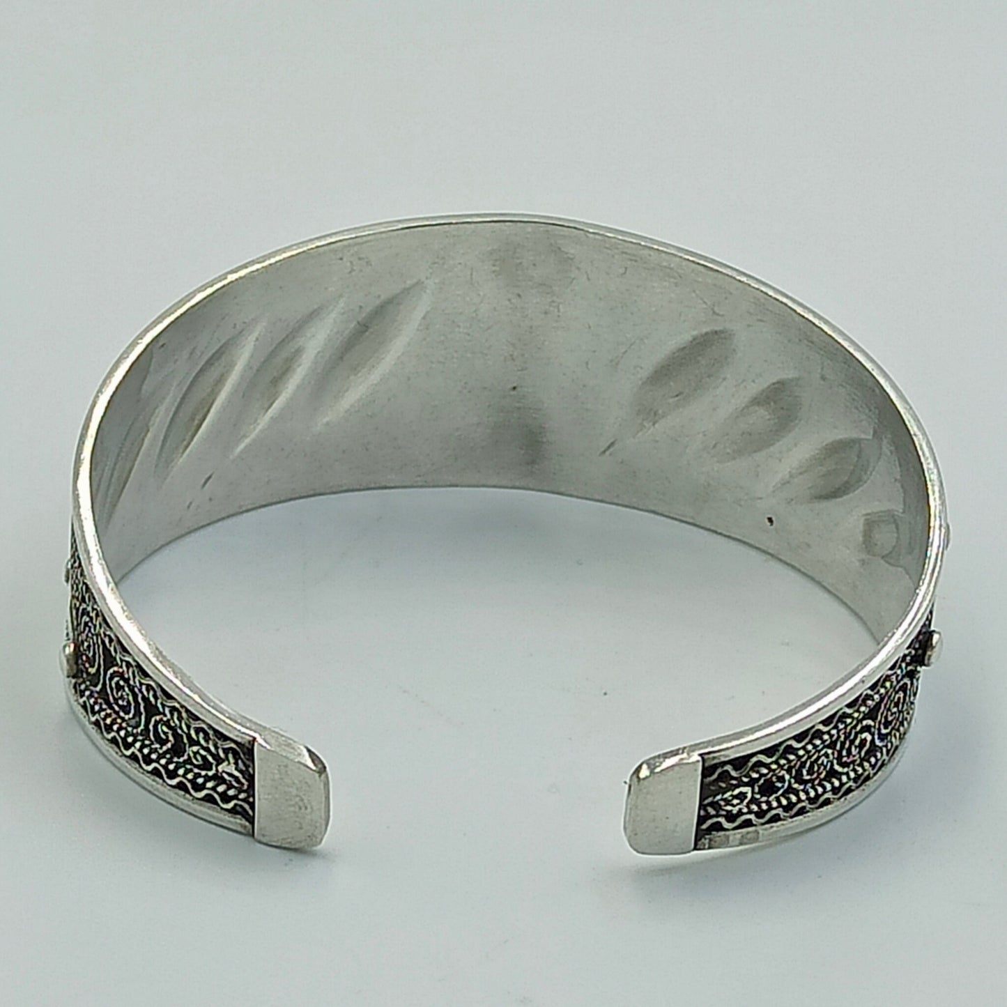 Women'S 925 Sterling Silver Handcrafted Adjustable Bracelet, Open Cuff Berber Engrave Design Boho Bangle with a Brown Bead