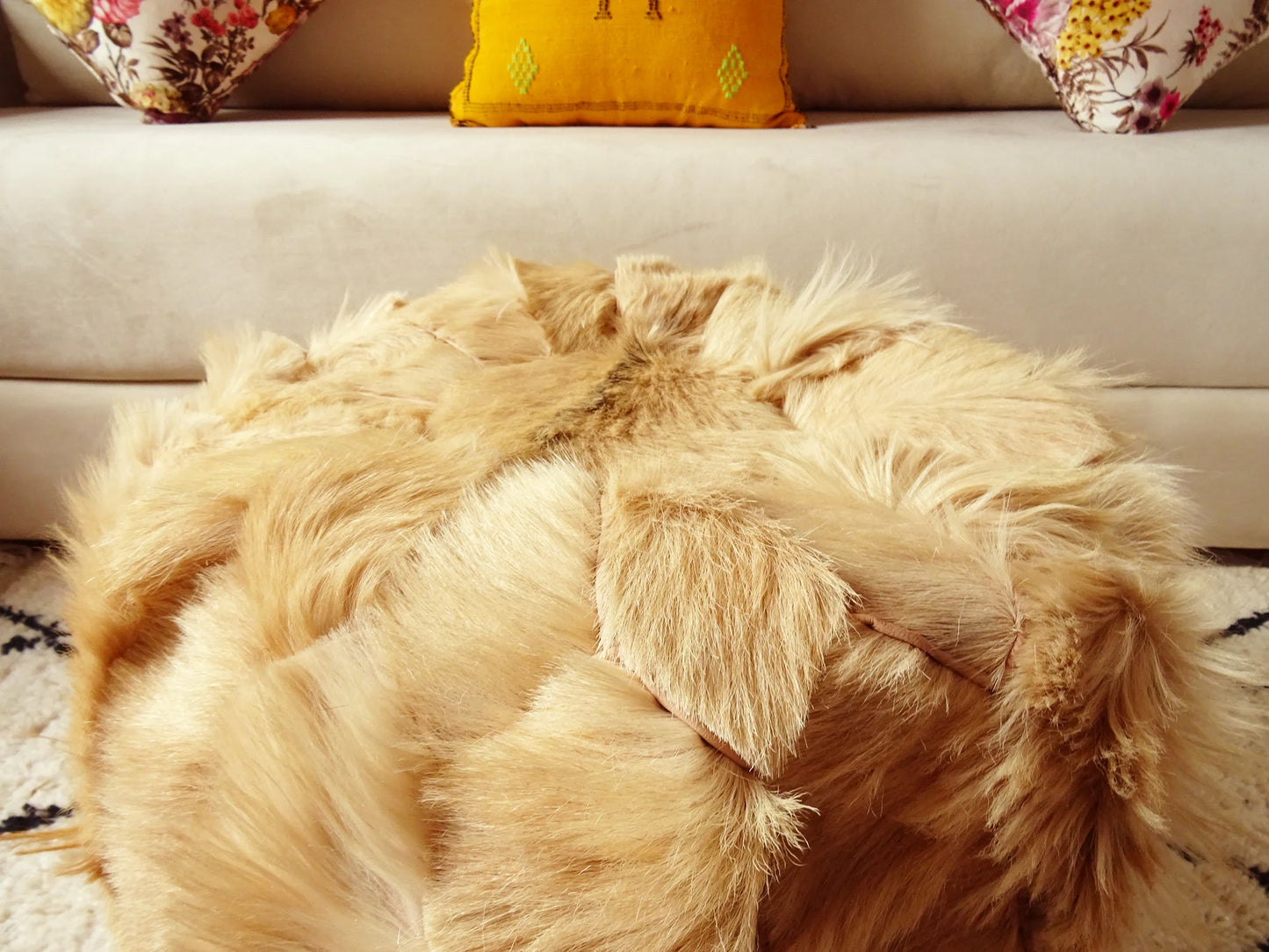 Natural Goat Fur Pouf - 100% Genuine Real Handme Genuine Leather - Ottoman Footstool Hassock