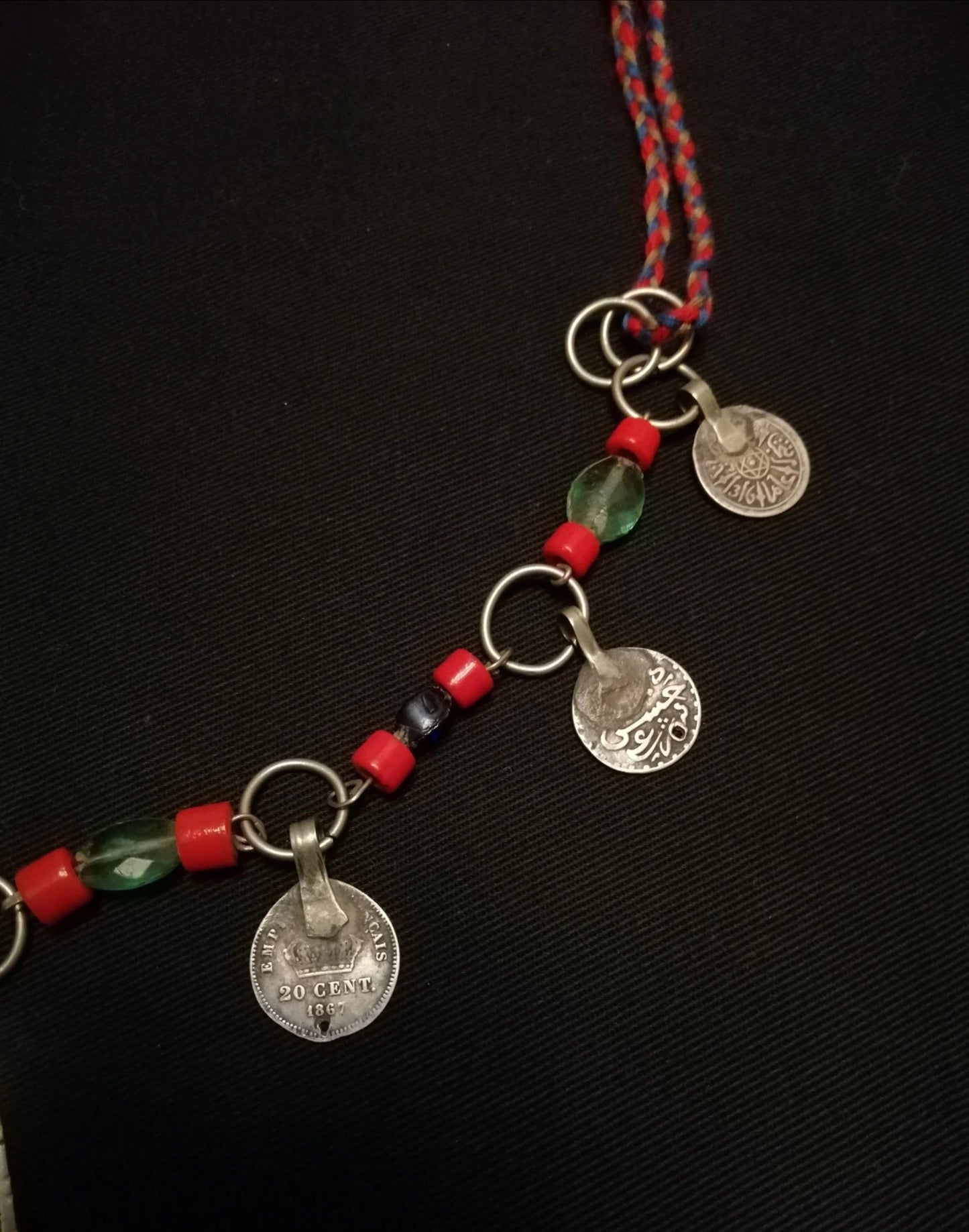 Quaint Amazigh Khamsa Coin and Glass Bead Necklace.
