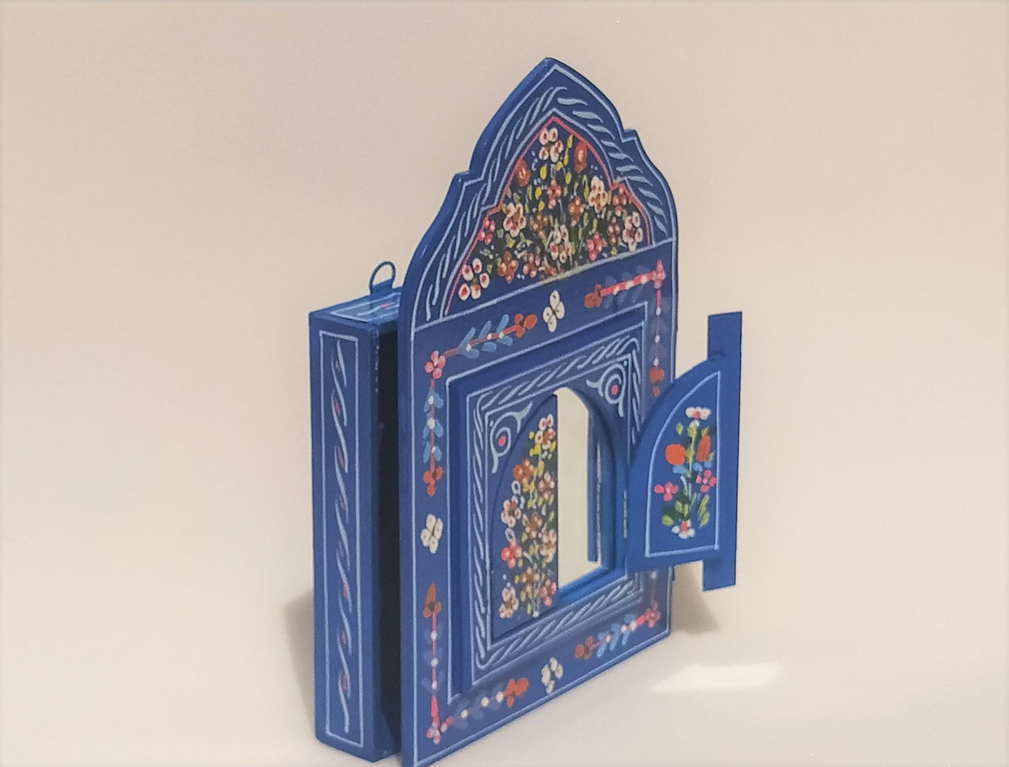 Small Moroccan Mirror with Doors, Ethnic Art for Entryway, Large Mirror Hand Painted, Unique Blue Floral Mirrors, Mirror with Jewelry Holder