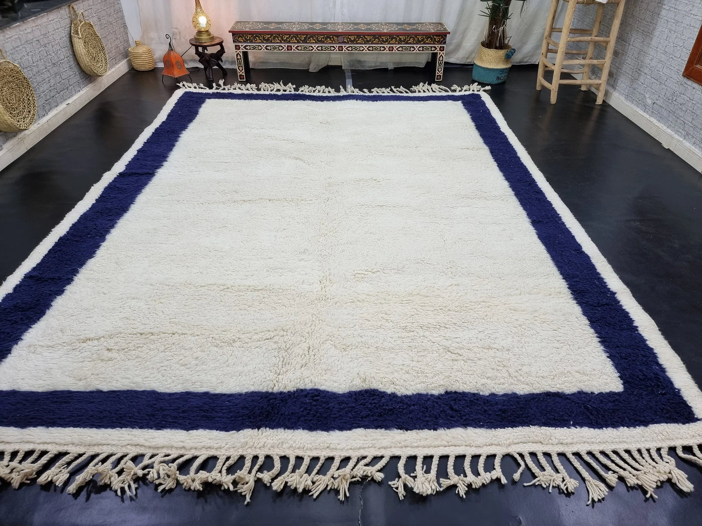Gorgeous Moroccan Rug, Dark Blue Bordered Handmade Wool Area Rug