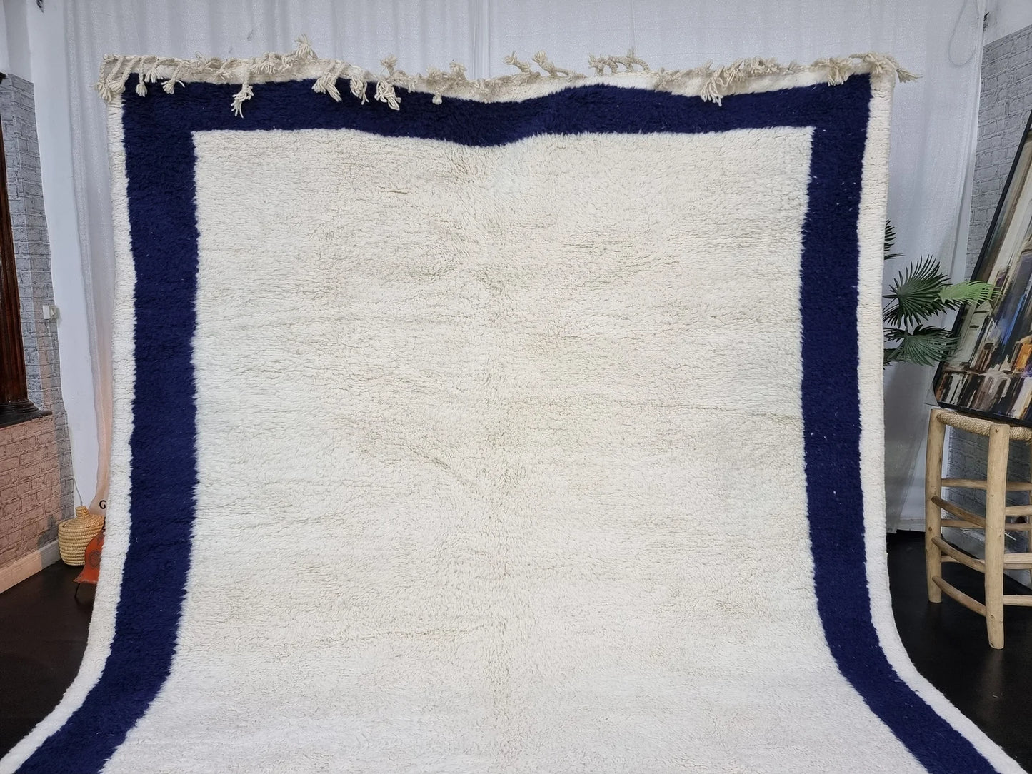 Gorgeous Moroccan Rug, Dark Blue Bordered Handmade Wool Area Rug