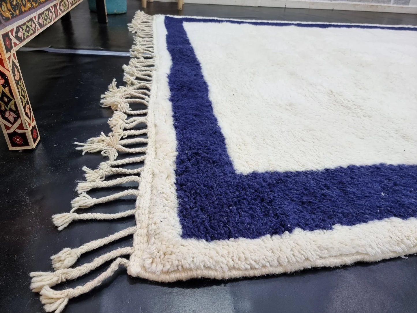 Gorgeous Moroccan Rug, Dark Blue Bordered Handmade Wool Area Rug