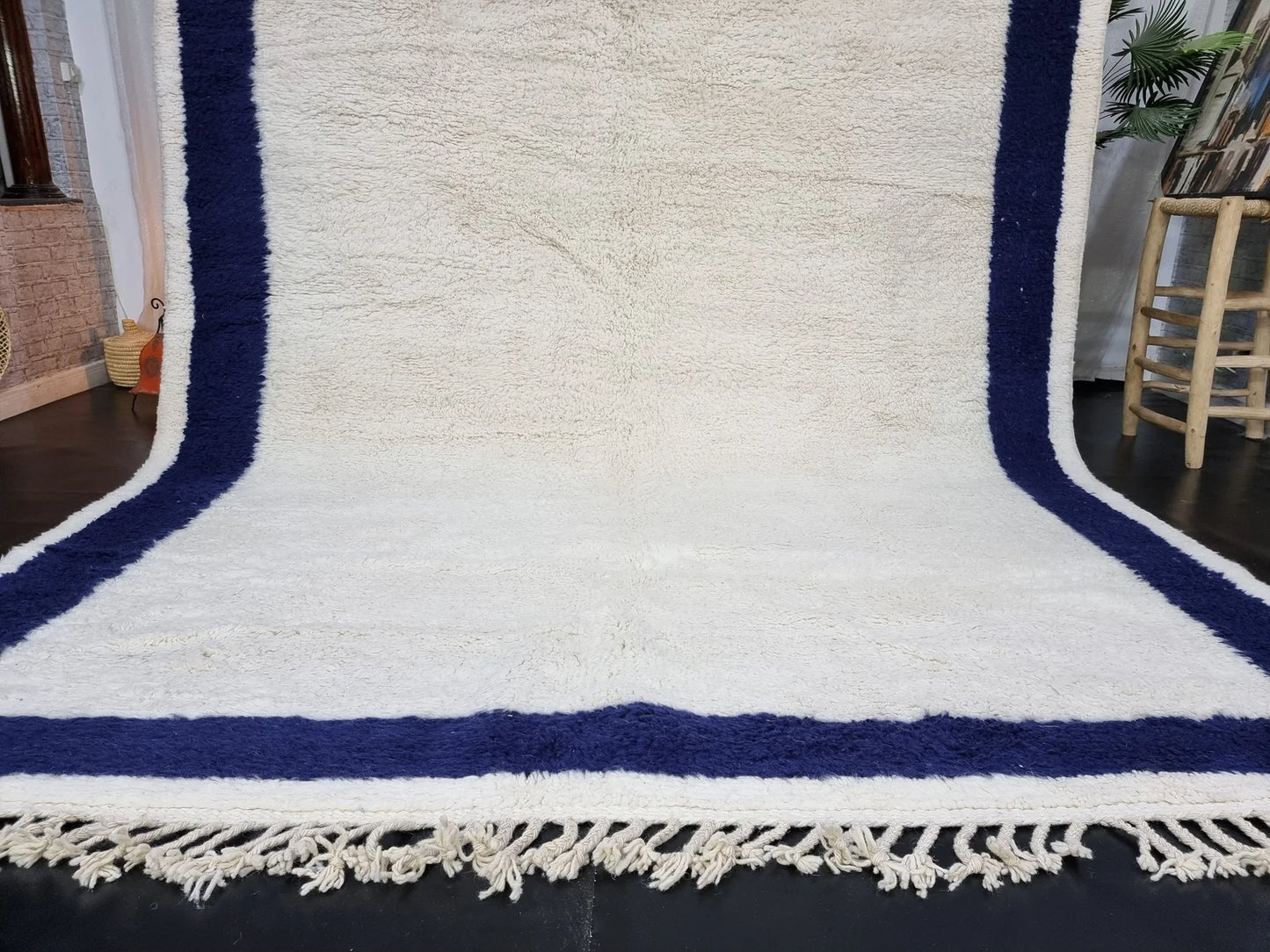 Gorgeous Moroccan Rug, Dark Blue Bordered Handmade Wool Area Rug