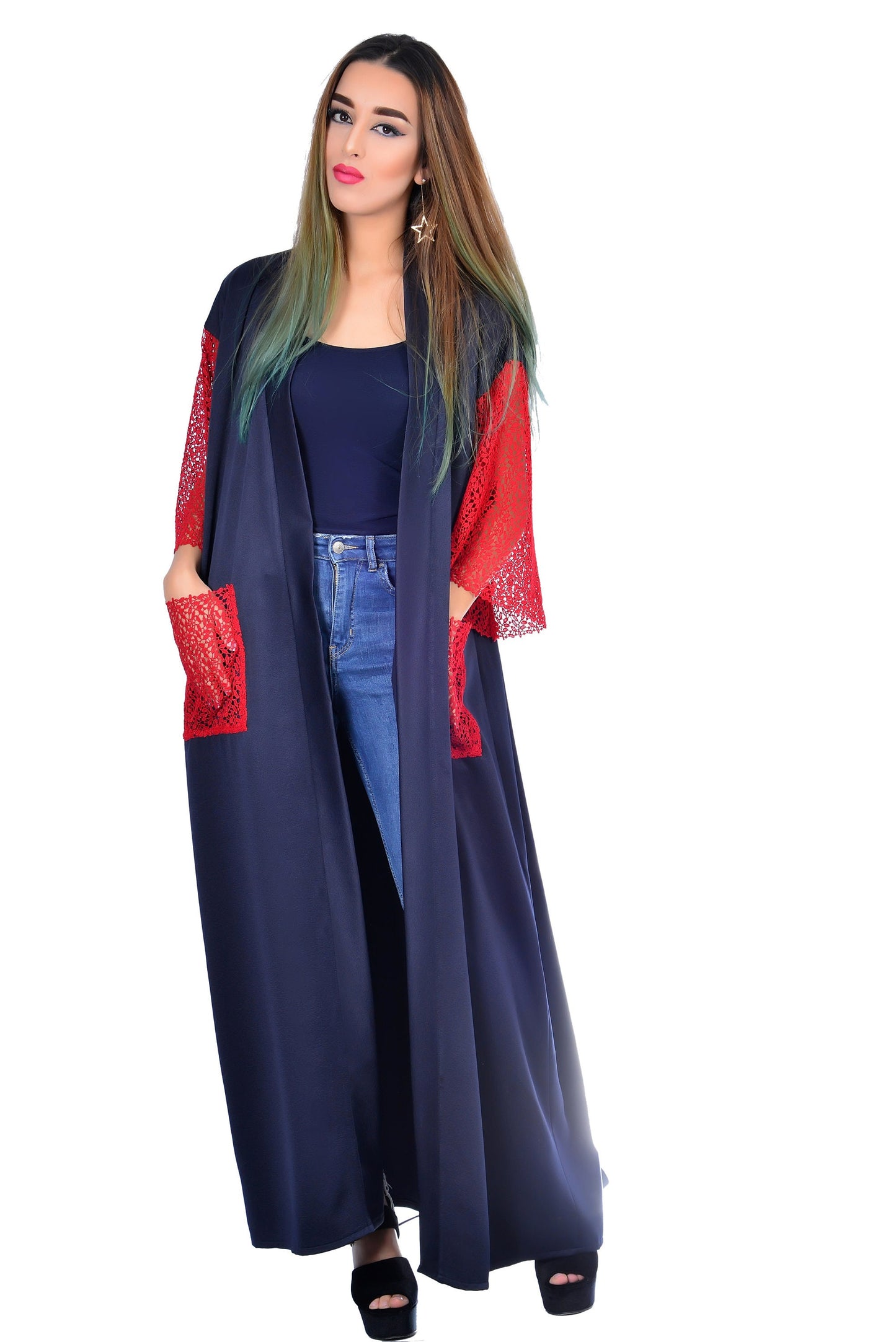 Handmade Summer Kimono Red Lace Kaftan Moroccan Caftan Beachwear Abaya Maxi Dress