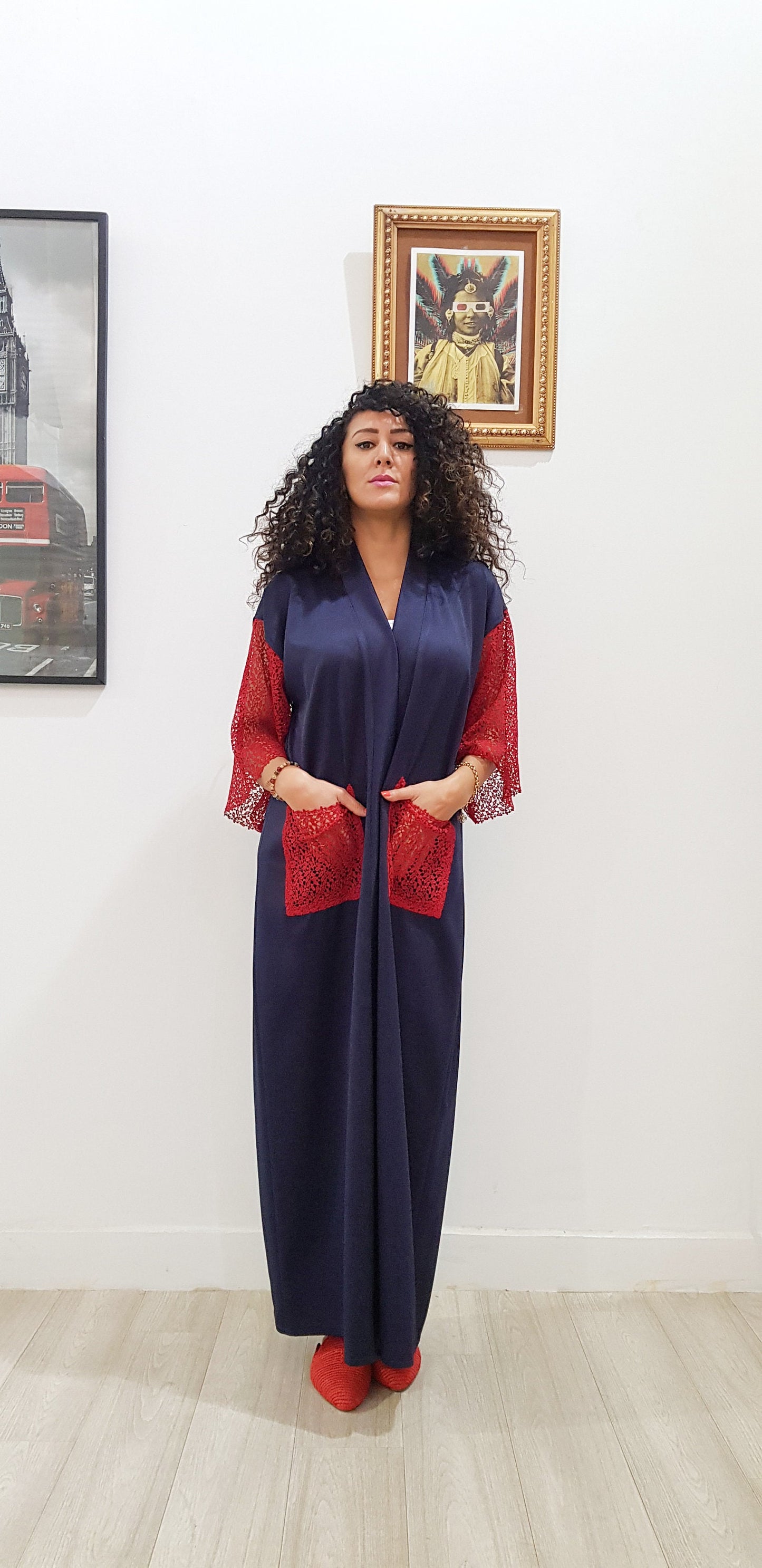 Handmade Summer Kimono Red Lace Kaftan Moroccan Caftan Beachwear Abaya Maxi Dress