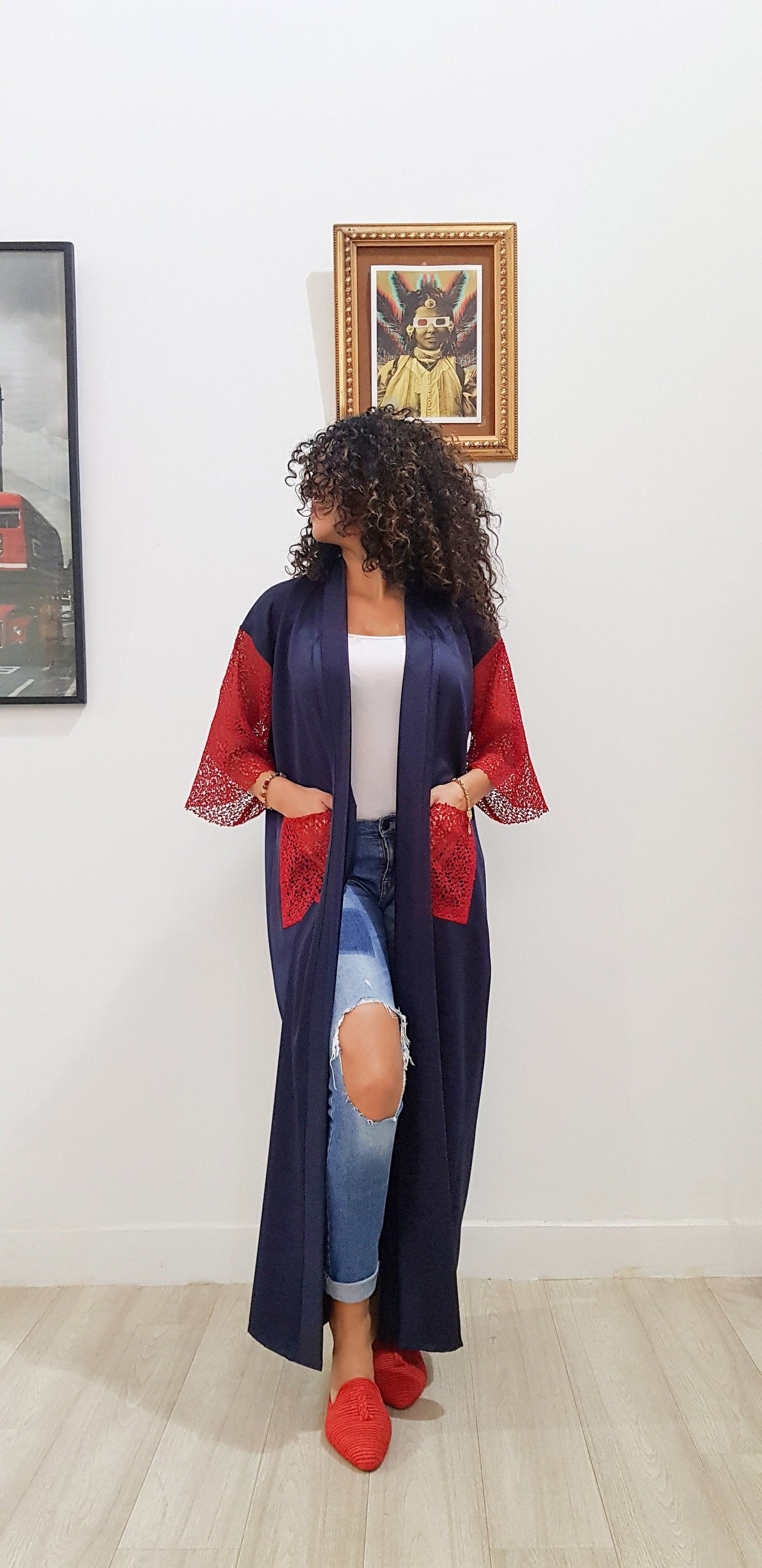 Handmade Summer Kimono Red Lace Kaftan Moroccan Caftan Beachwear Abaya Maxi Dress