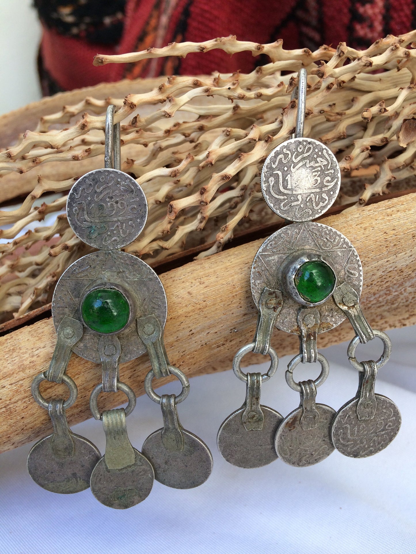 Berber Silver, Coin and Glass Earrings