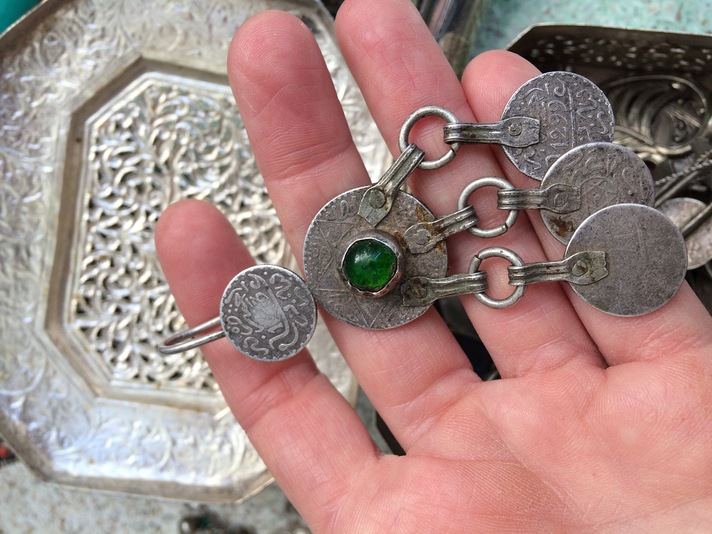 Berber Silver, Coin and Glass Earrings