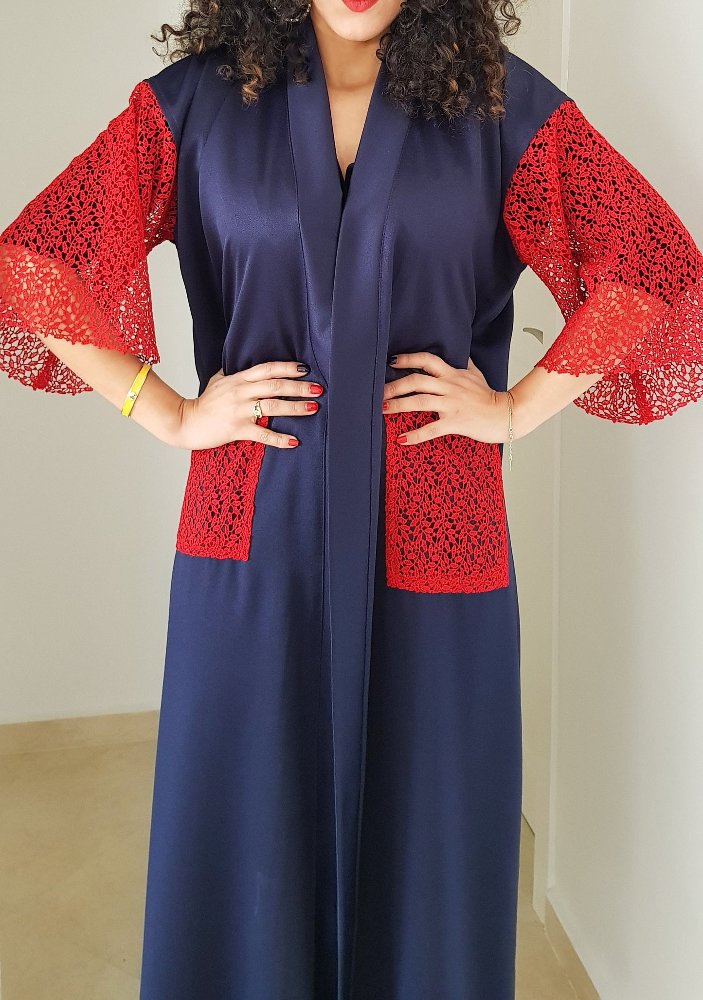 Handmade Summer Kimono Red Lace Kaftan Moroccan Caftan Beachwear Abaya Maxi Dress