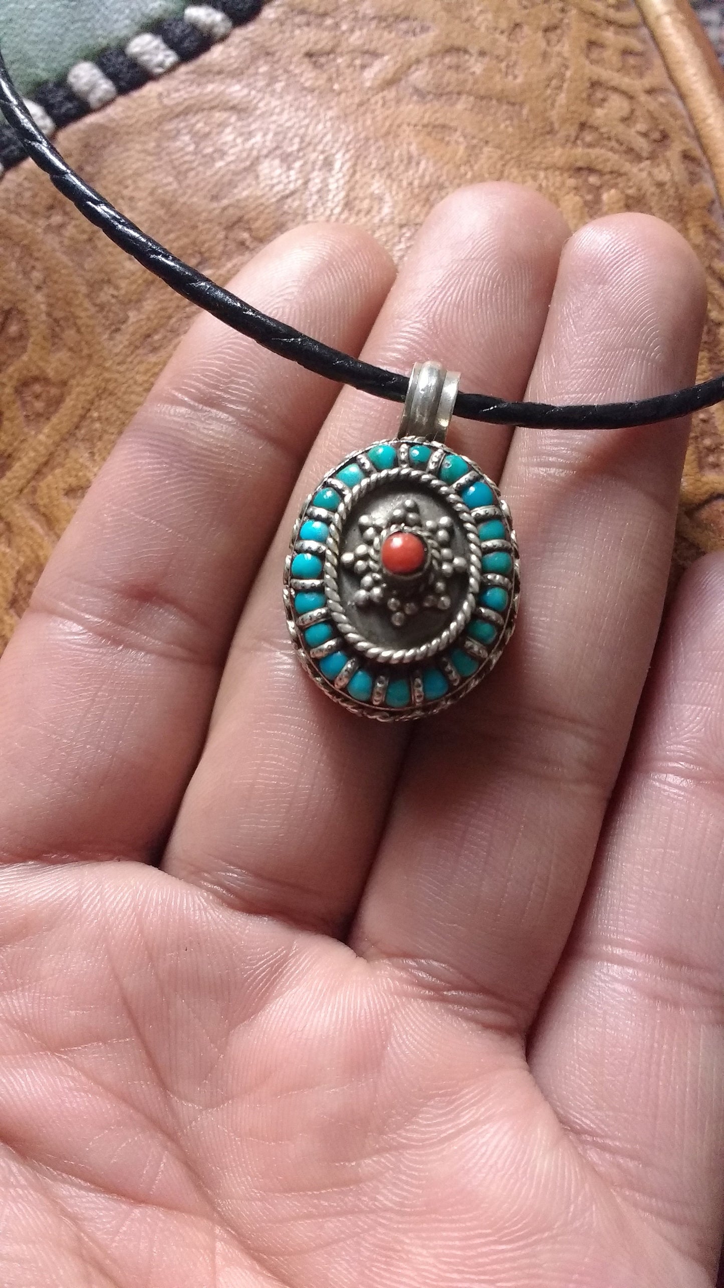 Moroccan Silver and Stone Pendant, Oval Box Style with Filigree