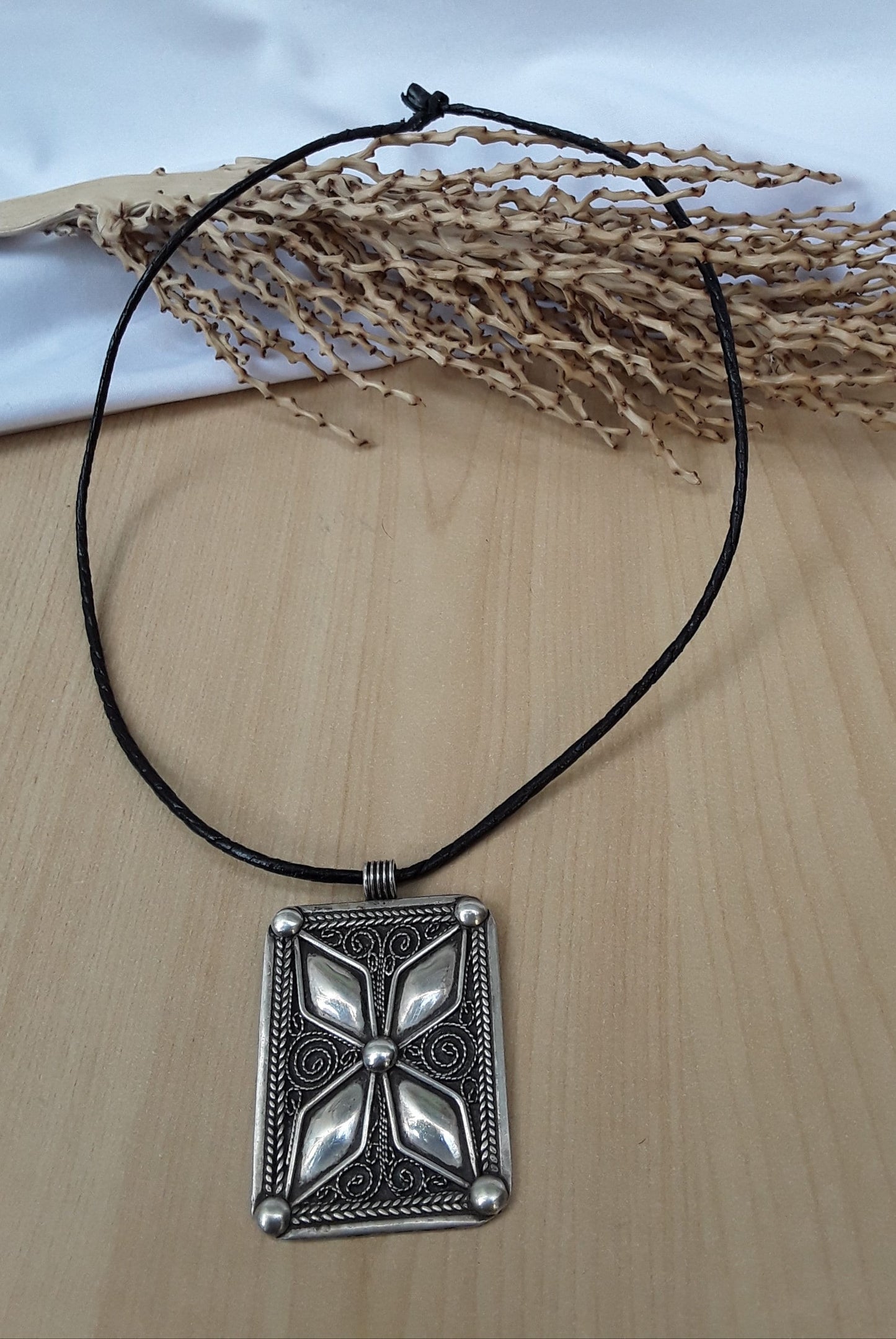 Bold Berber Silver Pendant with Geometric Reliefwork and Etching