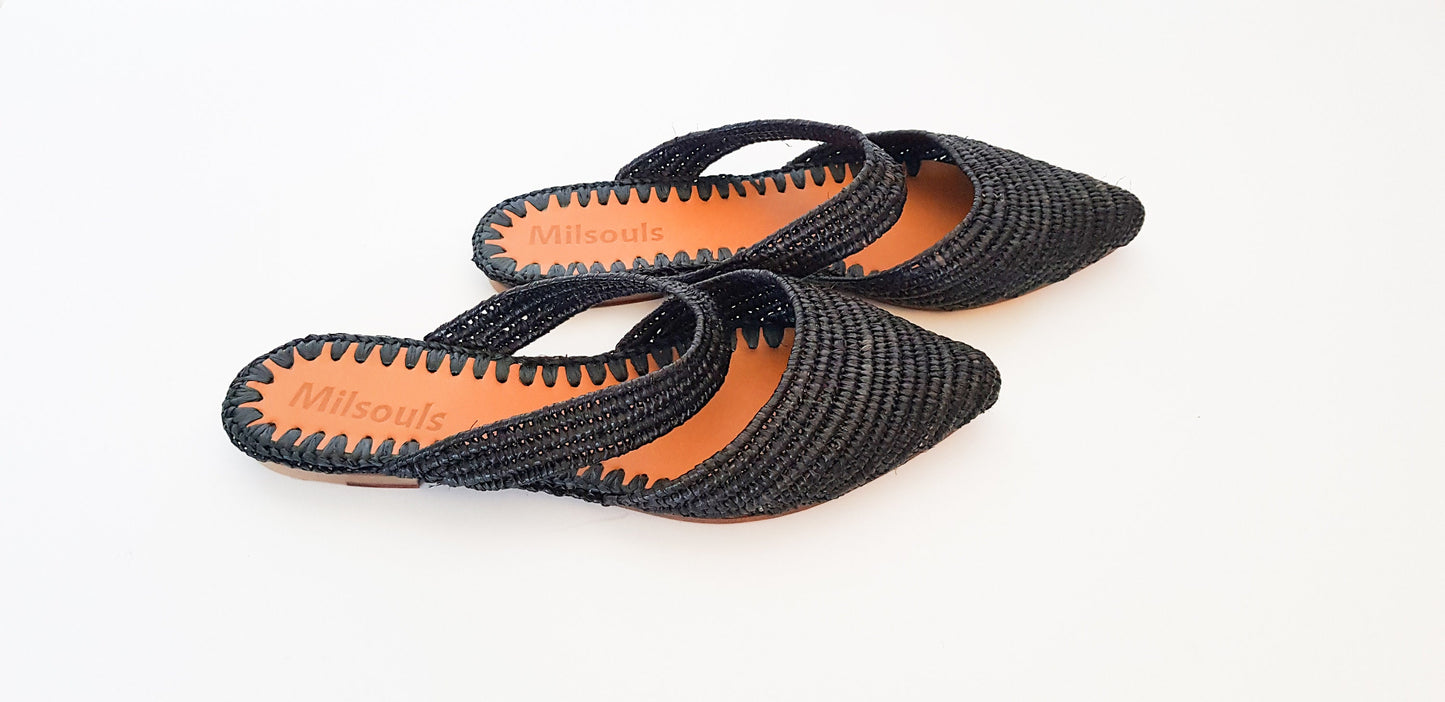 Ready to Ship, Raffia Shoes, Handmade Slippers, Black Summer Mules, Moroccan Shoes, High End Raphia Flats, Moroccan Babouch