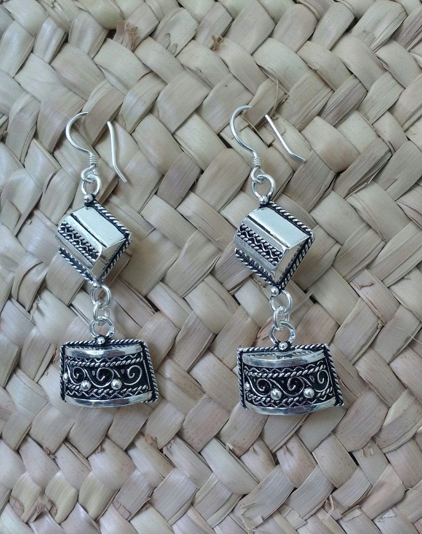 Berber Silver Earrings, Geometric Drop Style, Moroccan