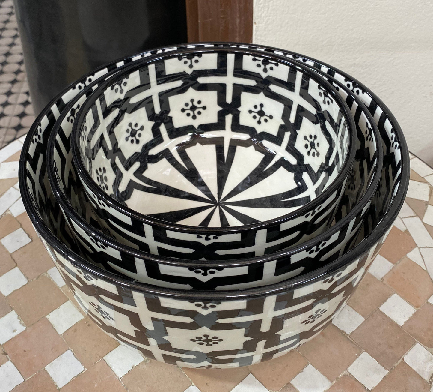 Fes Black and White Ceramic Salad Bowl, Handmade and Hand-Painted/ Salad Bowl.