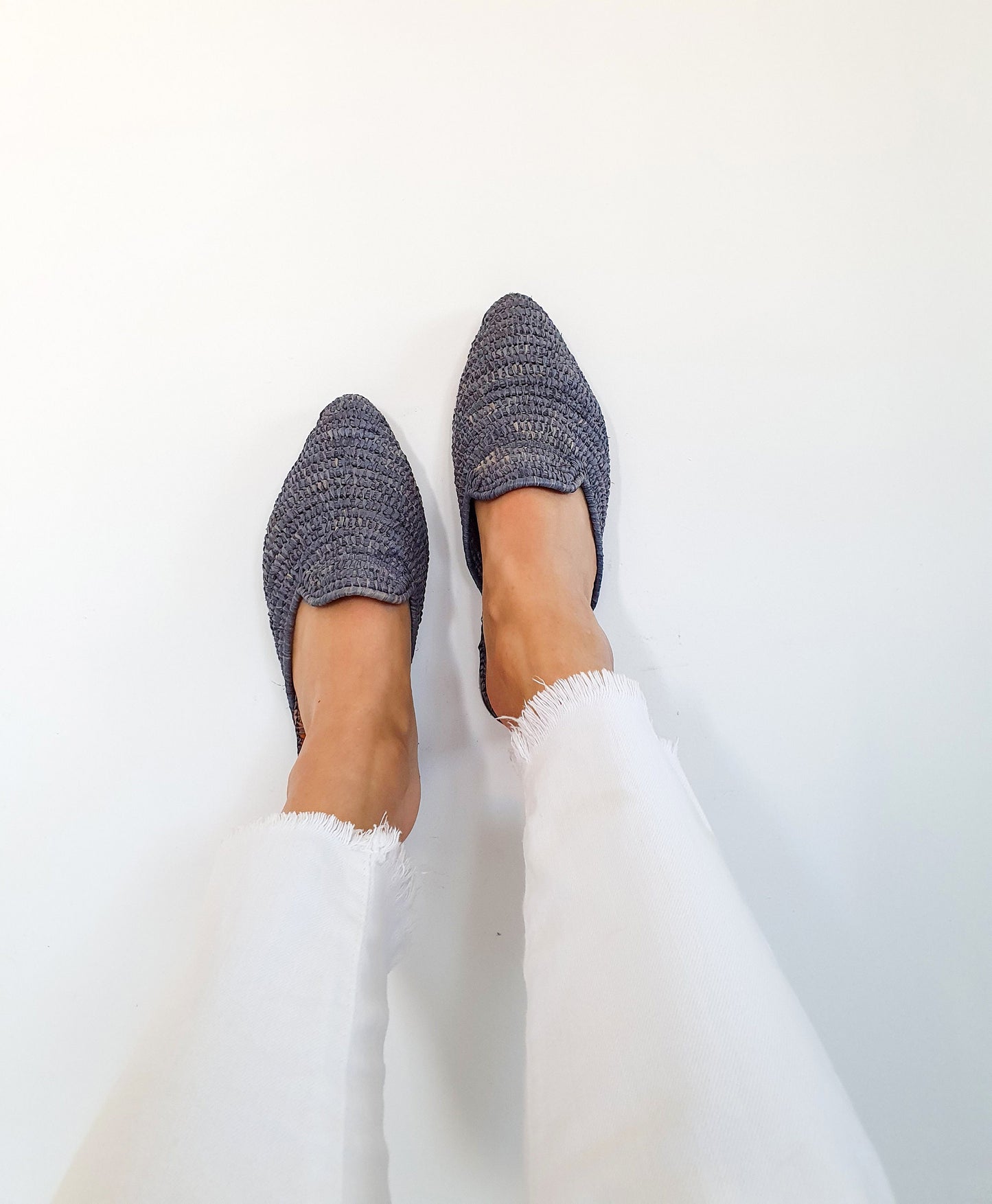 Raffia Shoes Handmade Slippers Grey Summer Mules Moroccan Shoes High End Raphia Flats Babouch