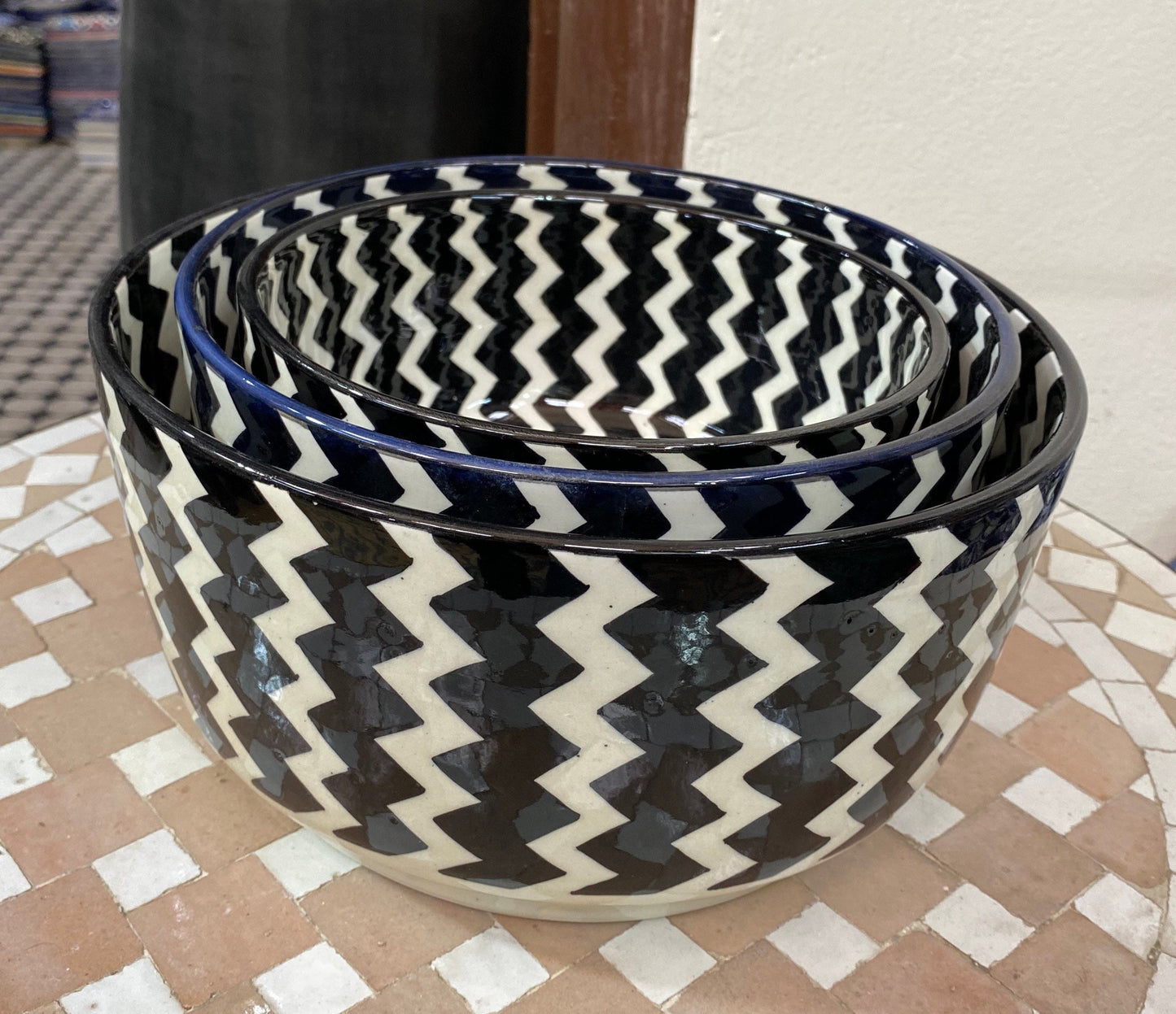 Black and White Ceramic Salad Bowl from Fes, Handmade and Hand Painted/ Salad Bowl.
