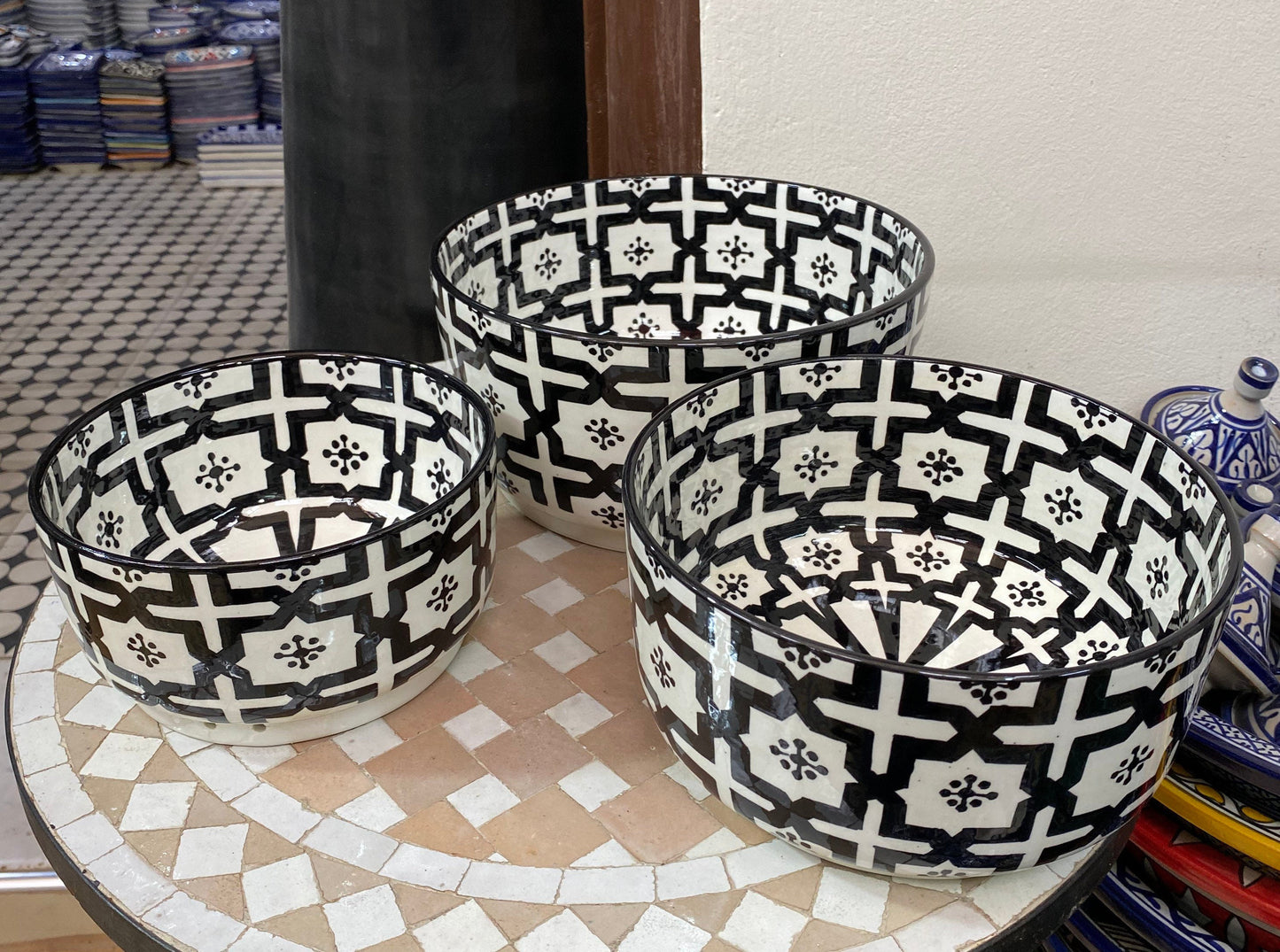 Fes Black and White Ceramic Salad Bowl, Handmade and Hand-Painted/ Salad Bowl.