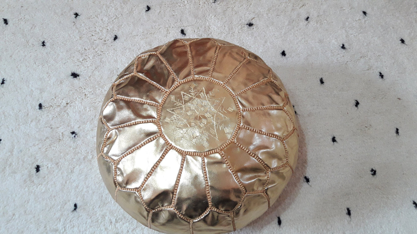 Moroccan Handcrafted Faux Leather Pouf, Ottoman Faux Leather Pouf Cool Ottoman Luxury Gold Floor Pouf, Moroccan Home Decor Pouf Gold