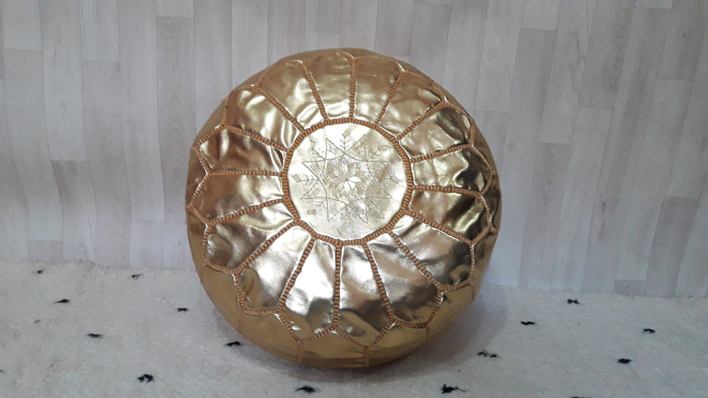 Moroccan Handcrafted Faux Leather Pouf, Ottoman Faux Leather Pouf Cool Ottoman Luxury Gold Floor Pouf, Moroccan Home Decor Pouf Gold