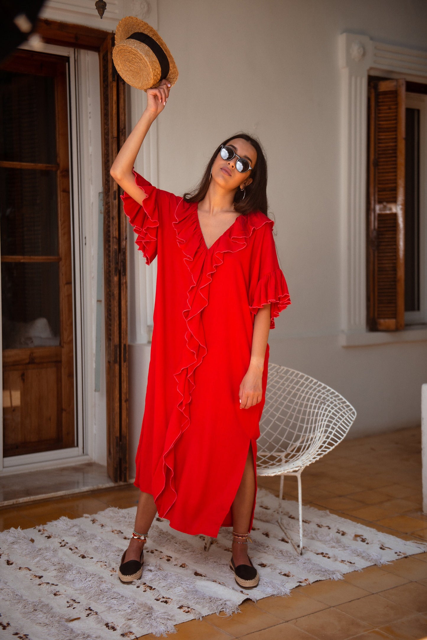Moroccan Kaftan, Linen Dress, Oversized Dress, Loose Kaftan, Handmade Caftan, Boho Dress, Red Dress, Ruffle Dress