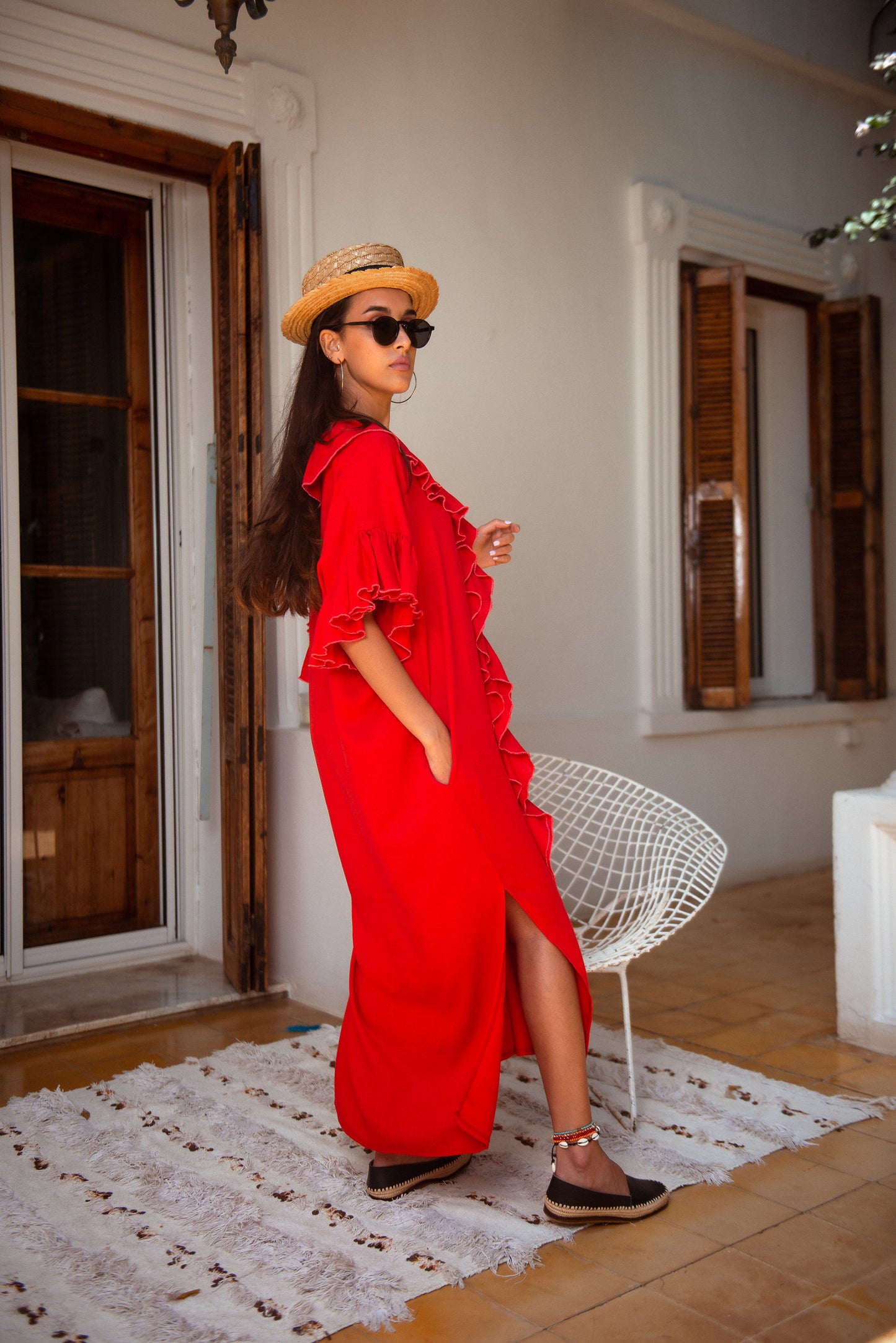 Moroccan Kaftan, Linen Dress, Oversized Dress, Loose Kaftan, Handmade Caftan, Boho Dress, Red Dress, Ruffle Dress