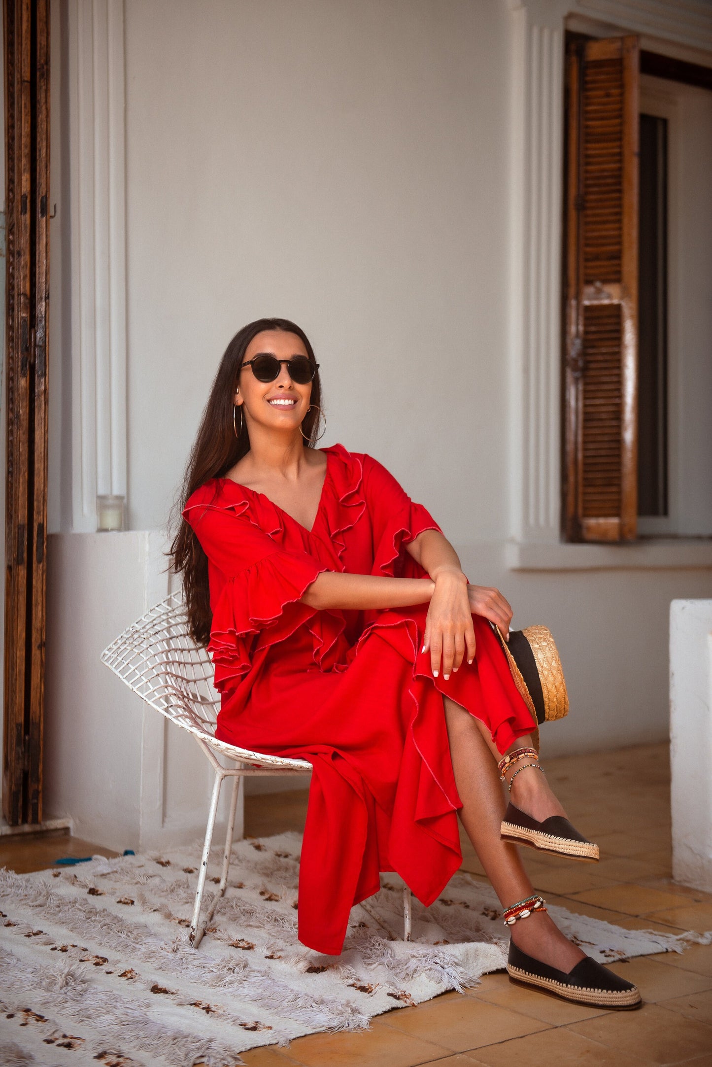 Moroccan Kaftan, Linen Dress, Oversized Dress, Loose Kaftan, Handmade Caftan, Boho Dress, Red Dress, Ruffle Dress